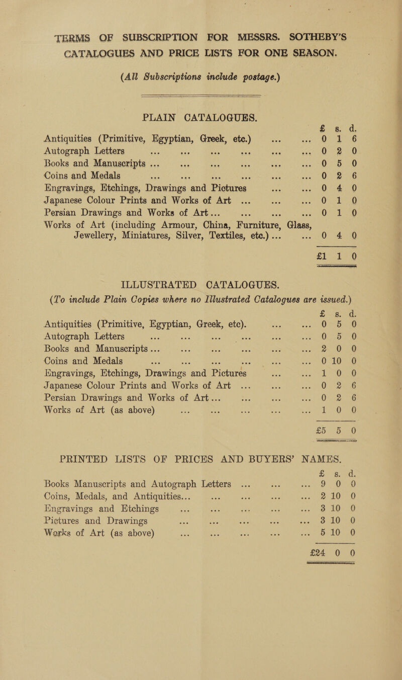 TERMS OF SUBSCRIPTION FOR MESSRS, SOTHEBY’S CATALOGUES AND PRICE LISTS FOR ONE SEASON. (All Subscriptions include postage.)   PLAIN CATALOGUES. Antiquities (Primitive, Egyptian, Greek, etc.) Autograph Letters oF ies ces Books and Manuscripts ... Coins and Medals Engravings, Ktchings, Veaqinas and Bieta, Japanese Colour Prints and Works of Art Persian Drawings and Works of Art.. Works of Art (including Armour, Ginna: Ravuesies , Cass Jewellery, Miniatures, Silver, Textiles, etc.) .. 0 4 0 Socooooo om He PwWOHwHPF Coonan coo eof ILLUSTRATED CATALOGUES. {To include Plain Copies where no Illustrated Catalogues are issued.) Antiquities (Primitive, eer Greek, etc). Autograph Letters : ae Books and Manuscripts ... Coins and Medals iingravings, Etchings, bnerin as Pa Pictares, Japanese Colour Prints and Works of Art Persian Drawings and Works of Art... Works of Art (as above) eS Oe S 2 26 th pan S e DAaAncoccc® fa. 9) 6  PRINTED LISTS OF PRICES AND BUYERS’ NAMES. o- Sme, Books Manuscripts and Autograph Letters ... ve sg, Oma Coins, Medals, and Antiquities... : a8 Ae sos, ao” 0 Iingravings and Htchings ee sa ee sks ee ee eee Pictures and Drawings 310 0 Works of Art (as above) 5 10 0 £24 0 0 