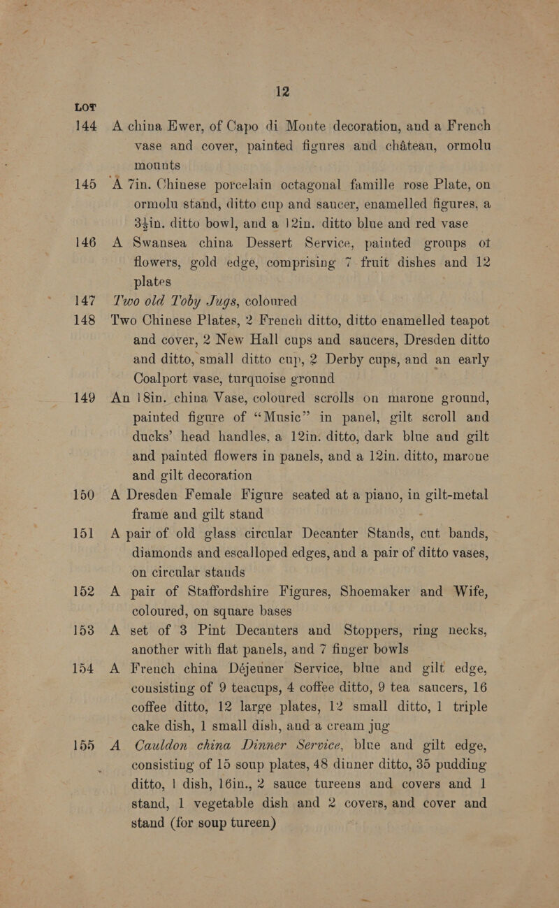 144 145 146 147 148 149 150 151 152 1538 154 155 12 A china Ewer, of Capo di Monte decoration, and a French vase and cover, painted figures and chaéteau, ormolu mounts ormolu stand, ditto cup and saucer, enamelled figures, a 34in. ditto bowl, and a 12in. ditto blue and red vase © A Swansea china Dessert’ Service, painted groups ot flowers, gold edge, comprising 7 fruit dishes and 12 plates Two old Toby Jugs, coloured Two Chinese Plates, 2 French ditto, ditto enamelled teapot and cover, 2 New Hall cups and saucers, Dresden ditto and ditto, small ditto cup, 2 Derby cups, and an early Coalport vase, turquoise ground An 18in. china Vase, coloured scrolls on marone ground, painted figure of “Music” in panel, gilt scroll and ducks’ head handles, a 12in. ditto, dark blue and gilt and painted flowers in panels, and a 12in. ditto, marone and gilt decoration A Dresden Female Figure seated at a piano, in gilt-metal frame and gilt stand ; A pair of old glass circular Decanter Stands, cut bands, diamonds and escalloped edges, and a pair of ditto vases, on circular stands A pair of Staffordshire Figures, Shoemaker and Wife, coloured, on square bases A set of 3 Pint Decanters and Stoppers, ring necks, another with flat panels, and 7 finger bowls A French china Déjeuner Service, blue and gilt edge, consisting of 9 teacups, 4 coffee ditto, 9 tea saucers, 16 coffee ditto, 12 large plates, 12 small ditto, 1 triple cake dish, 1 small dish, and a cream jug A Cauldon china Dinner Service, blee and gilt edge, consisting of 15 soup plates, 48 dinner ditto, 35 pudding ditto, | dish, 16in., 2 sauce tureens and covers and 1 stand, 1 vegetable dish and 2 covers, and cover and stand (for soup tureen)