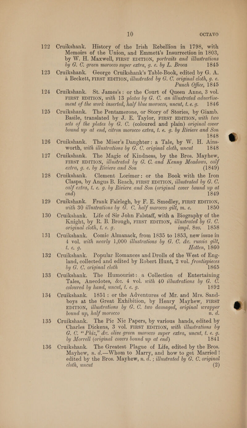 130 131 132 133 134 135 136 10 OCTAVO Cruikshank. History of the Irish Rebellion in 1798, with Memoirs of the Union, and Emmett’s Insurrection in 1803, by W. H. Maxwell, rrrst EDITION, portraits and illustrations by G. C. green morocco super extra, g. e. by L. Broca 1845 Cruikshank. George Cruikshank’s Table-Book, edited by G. A. a Beckett, FIRST EDITION, illustrated by G. C. original cloth, g. @. Punch Office, 1845 Cruikshank. St. James’s: or the Court of Queen Anne, 3 vol. FIRST EDITION, with 13 plates by G. C. an illustrated advertise- ment of the work inserted, half blue morocco, uncut, t.e.g. 1846 Cruikshank. The Pentamerone, or Story of Stories, by Giamb. Basile, translated by J. E. Taylor, FIRST EDITION, with two sets of the plates by G. C. (coloured and plain) original cover bound up at end, citron morocco extra, t. e. g. by Riviere and Son 1848 Cruikshank. The Miser’s Daughter: a Tale, by W. H. Ains- worth, with illustrations by G. C. original cloth, uncut 1848 Cruikshank. The Magic of Kindness, by the Bros. Mayhew, FIRST EDITION, illustrated by G. C. and Kenny Meadows, calf extra, g. €. by Riviere and Son (1849) Cruikshank. Clement Lorimer: or the Book with the Iron Clasps, by Angus B. Reach, FIRST EDITION, illustrated by G. C. calf extra, t. e. g. by Riviere and Son (original cover bound up at end) 1849 Cruikshank. Frank Fairlegh, by F. E. Smedley, FIRST EDITION, with 30 dlustrations by G. C. half morocco gilt, m. e. 1850 Cruikshank. Life of Sir John Falstaff, with a Biography of the Knight, by R. B. Brough, FIRST EDITION, dlustrated by G. C. original cloth, t. @. g. wmpl. 8v0o. 1858 Cruikshank. Comic Almanack, from 1835 to 1853, new issue in 4 vol. with nearly 1,000 illustrations by G. C. &amp;e. russia gilt, bs C5. Hotten, 1860 Cruikshank. Popular Romances and Drolls of the West of Eng- land, collected and edited by Robert Hunt, 2 vol. frontispieces by G. C. original cloth 1865 Cruikshank. The Humourist: a Collection of Entertaining Tales, Anecdotes, &amp;c. 4 vol. with 40 illustrations by G. C. coloured by hand, uncut, t. e€. g. 1892 Cruikshank. 1851: or the Adventures of Mr. and Mrs. Sand- boys at the Great Exhibition, by Henry Mayhew, FIRST EDITION, illustrations by G. C. two damaged, original wrapper bound up, half morocco n. d. Cruikshank. The Pic Nic Papers, by various hands, edited by Charles Dickens, 3 vol. FIRST EDITION, with illustrations by G. C. * Phiz,” &amp;e. olive green morocco super extra, uncut, t. @. g. by Morrell (original covers bound up at end) 1841 Cruikshank. The Greatest Plague of Life, edited by the Bros. Mayhew, n. d.—Whom to Marry, and how to get Married ! edited by the Bros. Mayhew, n. d. ; illustrated by G. C. original 