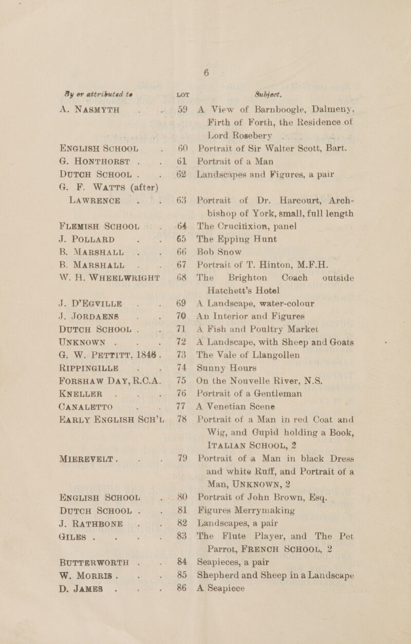 A. NASMYTH ENGLISH SCHOOL G. HONTHORST . DUTCH SCHOOL . G. F. Watts (after) LAWRENCE FLEMISH SCHOOL J. POLLARD B. MARSHALL B. MARSHALL W. H. WHEELWRIGHT J. D’EGVILLE J. JORDAENS DUTCH SCHOOL . UNKNOWN : G; W.: PETTITT, 1848 . RIPPINGILLE . FORSHAW Day, R.C.A. KNELLER : CANALETTO EARLY ENGLISH ve L MIEREVELT. ENGLISH SCHOOL DuTCH SCHOOL . J. RATHBONE GILES . BUTTERWORTH W. MorRRIS. D. JAMES — 73 1 80 81 82 83 84 85 86 A View of Barnboogle, Dalmeny, Firth of Forth, the Residence of Lord Rosebery Portrait of Sir Walter Scott, feet Portrait of a Man Landscapes and Figures, a pair Portrait of Dr. Harcourt, Arch- bishop of York, small, full length The Crucifixion, panel The Epping Hunt Bob Snow Portrait of T. Hinton, M.F.H. The Brighton Coach outside Hatchett’s Hotel A Landscape, water-colour An Interior and Figures A Fish and Poultry Market A Landscape, with Sheep and Goats The Vale of Llangollen Sunny Hours On the Nouvelle River, N.S. Portrait of a Gentleman A Venetian Scene Portrait of a Man in red Coat and Wig, and Gupid holding a Book, ITALIAN SCHOOL, 2 Portrait of a Man in black Dress and white Ruff, and Portrait of a Man, UNKNOWN, 2 Portrait of John Brown, Esq. \ Figures Merrymaking Landscapes, a pair The Flute Player, and The Pet Parrot, FRENCH SCHOOL, 2 Seapieces, a pair Shepherd and Sheep ina Taniducaree A Seapiece