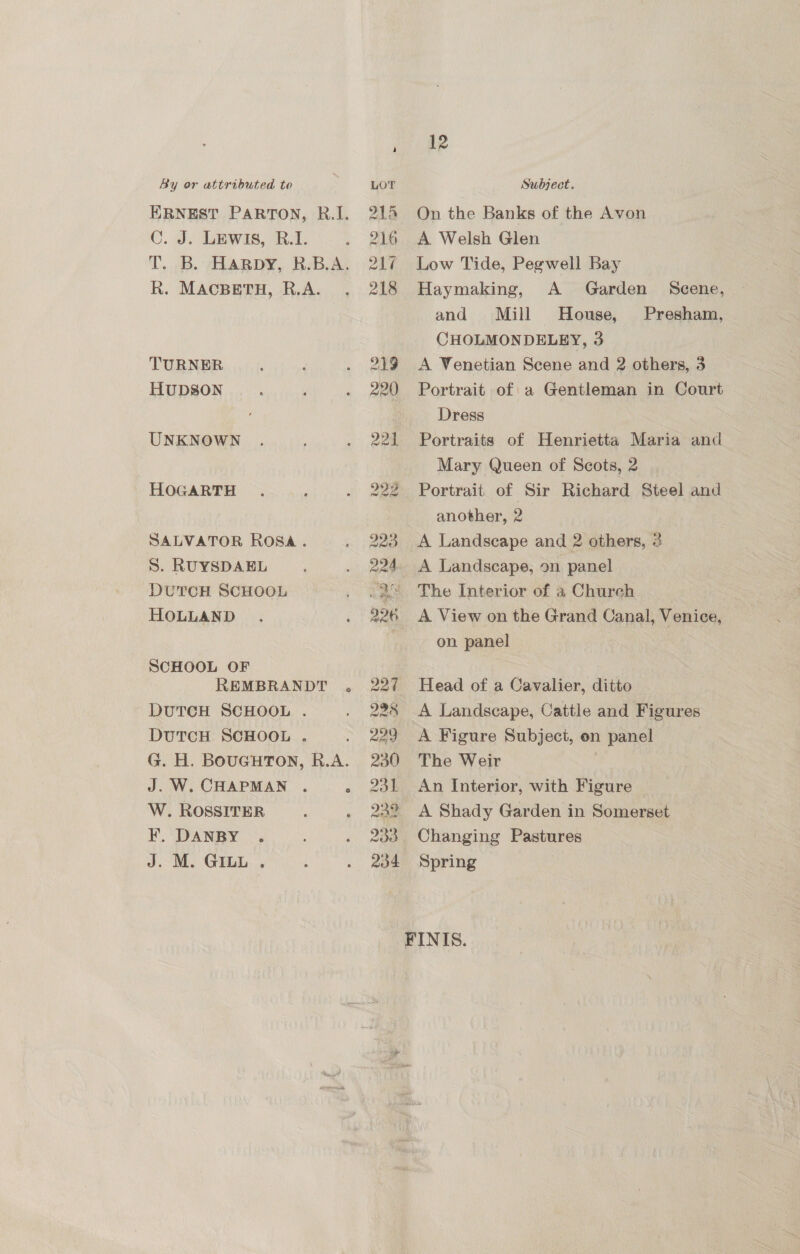 12 By or attributed to | LOT Subject. ERNEST PARTON, R.I. 214 On the Banks of the Avon C. J. LEwIs, RB.1. . 216 A Welsh Glen T. B. Harpy, R.B.A. 217 Low Tide, Pegwell Bay R. MACBETH, R.A. . 218 Haymaking, A Garden Scene, and Mill House, Presham, CHOLMONDELEY, 3 TURNER : : . 219 A Venetian Scene and 2 others, 3 HUDSON ‘ ; . 220 Portrait of a Gentleman in Court Dress UNKNOWN . . 221 Portraits of Henrietta Maria and Mary Queen of Scots, 2 HOGARTH . ; . 222 Portrait of Sir Richard Steel and another, 2 SALVATOR Rosa. . 223 A Landscape and 2 others, 3 S. RUYSDAEL ' . 224 A Landscape, on panel DUTCH SCHOOL . .&amp;* The Interior of a Church HOLLAND . . 226 A View on the Grand Canal, Venice, | on panel SCHOOL OF REMBRANDT . 227 Head of a Cavalier, ditto DUTCH SCHOOL . . 228 &lt;A Landscape, Cattle and Figures DUTCH SCHOOL . . 229 A Figure Subject, on panel G. H. BOUGHTON, R.A. 230 The Weir J. W. CHAPMAN . « 231 An Interior, with Figure W. ROSSITER ; . 2a2 A Shady Garden in Somerset F, DANBY . . 233 Changing Pastures J. M. GILL . , . 2o4. Spring FINIS.