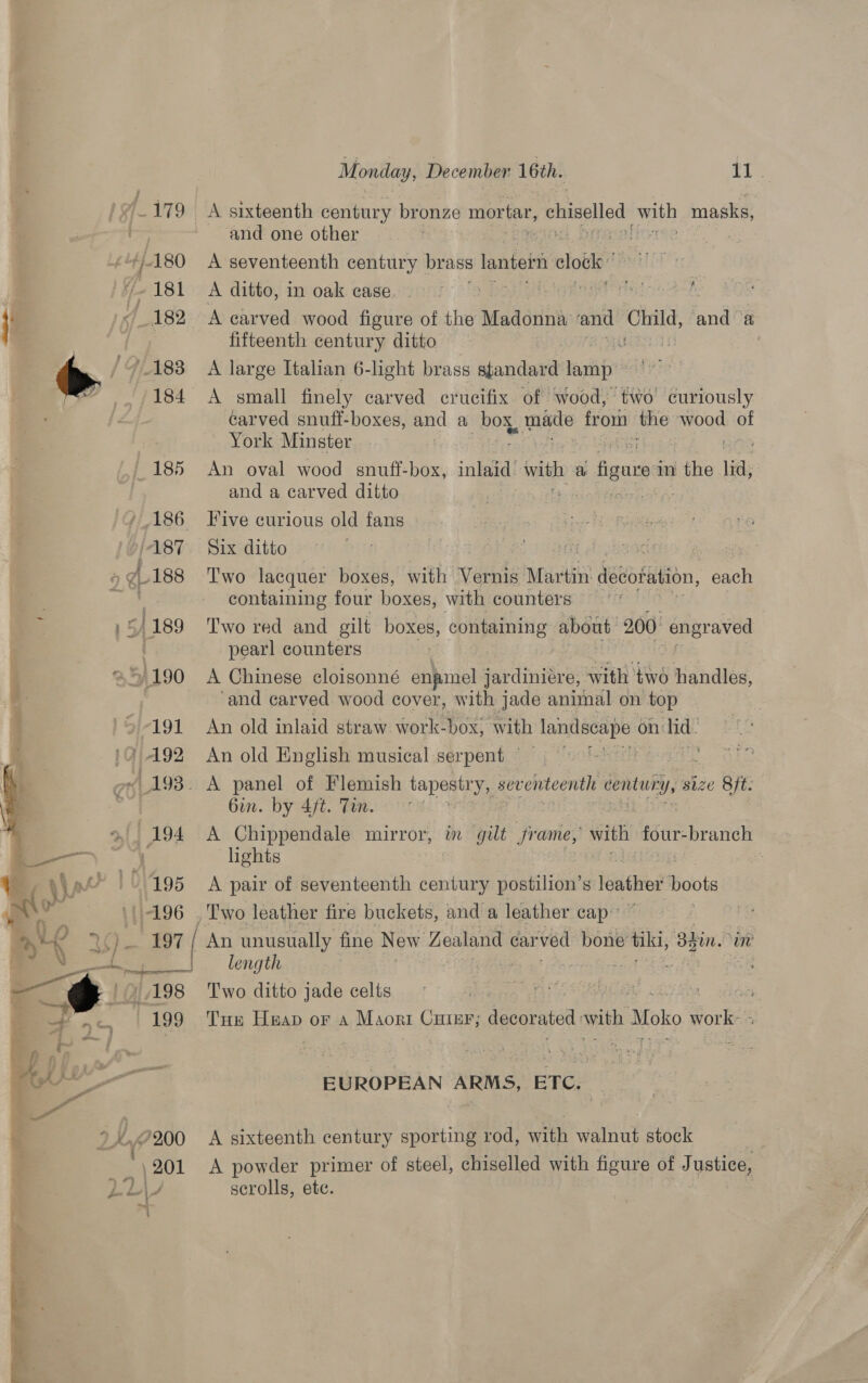 ! i790.  A sixteenth century bronze mortar, ,chiselled ee masks, sas and one other 7 ‘180 A seventeenth century brass lantern elk | “181 A ditto, in oak case.» | ji “182 A carved wood figure of the Madoriniy and Child, and ‘a fifteenth century ditto > / 7183 A large Italian 6-light brass standard lamp: ~ 184 A small finely carved crucifix. of wood, two curiously carved snuff-boxes, and a box, made from the wood a ~ York Minster . crest 185 An oval wood snuff-box, inlaid: with a figure im the ia: and a carved ditto | 186 Five curious old fans 187 §ix ditto ; ; ae : 188 Two lacquer boxes, with Vernis Martin: dedofation, each . containing four boxes, with counters ‘}189 Two red and gilt boxes, containing about 200 engraved | pearl counters /190 A Chinese cloisonné enamel jardiniere, with 6 handles, ‘and carved wood cover, with jade animal on top 191 An old inlaid straw work- box; with landscape on lid. A92 An old English musical serpent 193. A panel of Flemish tapestry, seventeenth ey size Sift. 6in. by 4/t. Tin. | »| 194 A Chippendale mirror, in gilt frame, with ee ieprantels lights 195 <A pair of seventeenth century postilion’ S Foatizor” boots 11-196 . Two leather fire buckets, and a leather cap’ ; Vp. S07 [ An unusually fine New Zealand car ved bone tiki, 3¥in. Mn ar _} length cpties : | << 198 Two ditto jade celts | . 4! Z 199 THE a or A Maort CHIEF; decorated with Moko work- - ea EUROPEAN ARMS, ETC. _— + £200 A sixteenth century sporting rod, en un stock 201 A powder primer of steel, chiselled with figure of J ustice, es J ; f Monday, December 16th. 14 on serolls, ete.