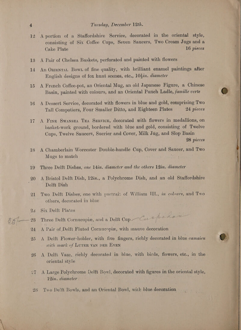   12 Aportion of a Staffordshire Service, decorated in the oriental style, consisting of Six Coffee Cups, Seven Saucers, 'wo Cream Jugs and a Cake Plate 16 preces 13. A Pair of Chelsea Baskets, perforated and painted with flowers 14 An Ortentat Bowt of fine quality, with brilliant enamel paintings after English designs of fox hunt scenes, etc., 103i. diameter  15 A French Coffee-pot, an Oriental Mug, an old Japanese Figure, a Chinese Basin, painted with colours, and an Oriental Punch Ladle, famulle verte 16 A Dessert Service, decorated with flowers in blue and gold, comprising ‘Two Tall Compotiers, Four Smaller Ditto, and Highteen Plates 24 preces 17 A Fine Swansea Tea Service, decorated with flowers in medallions, on basket-work ground, bordered with blue and gold, consisting of Twelve Cups, Twelve Saucers, Sucrier and Cover, Milk Jug, and Slop Basin | 28 pieces  18 A Chamberlain Worcester Double-handle Cup, Cover and Selig and Two Mugs to match 19 Three Delft Dishes, one 14in. diameter and the others 12in. diameter 20 &lt;A Bristol Delft Dish, 12in., a Polychrome Dish, and an old Siadorcsaire ~ ‘Delft Dish 21 Two Delft Dishes, one with portrait of William TIL., in colours, and Two others, decorated in blue . A  94 Six Delft Plates 24 A Pair of Delft Fluted Cornueopie, with mauve decoration  25 A Delft Flower-holder, with five fingers, richly decorated in blue camaieu with mark of LuTBR VAN DER HivEN 26 A Delfi Vase,. richly decorated in blue, with birds, flowers, ‘ote. in the . SAE style -7 A Large Polychrome l)elft ede decorated with figures 1 in the oriental style, 12in. diameter  28 Two Delft Bowls; and an Oriental Bowl, with blue decoration 
