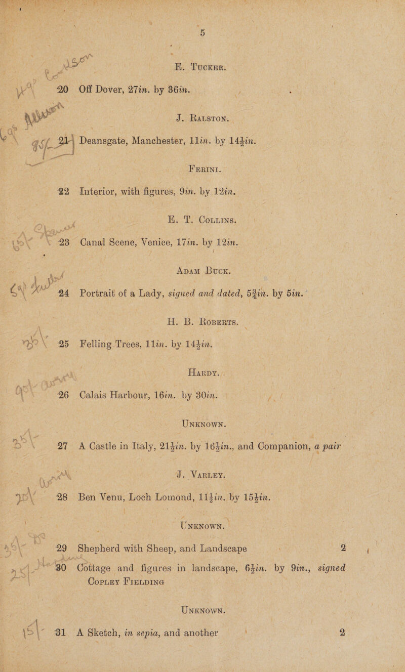  \ : | 5 ‘ at * ai ace, aw | K. Tucknr. R it H , « ee ye ! Ww \ 20 Off Dover, 27in. by 36in. : : Bea ; \ J. Rawuston..  ea FERINI. 22 Interior, with figures, 9in. by 12in. E. T. Cours. “ys § 98° Canal Scene, Venice, 17in. by 12in. a * j ; } ; ahiey Apam Buck. , yy | 6X A” 94 Portrait of a Lady, signed and dated, 53in. by Bin.” H. B. Roserrs. : ry? \ 25 Felling Trees, 1lin. by 144in. ee Harpy. 4 : 26 Calais Harbour, 16in. by 30mm. | Ce fe Unknown. b&gt; \ 27 =A Castle in Italy, 21in. by 16}in., and Companion, a pair rae | J. VARLEY. WW | yO\ 28 Ben Venu, Loch Lomond, 11}in. by 15gin. Her ees : Unknown. | 4% e ~ 99 Shepherd aith Shicep, and Landeses eee ae gt. nv” 30 Coniuge. and figures in a ae ore 64in. by 9un., signed $9 Copruy Frevpine 2 UNKNOWN. \5 81 A Sketch, in sepia, and another = 2