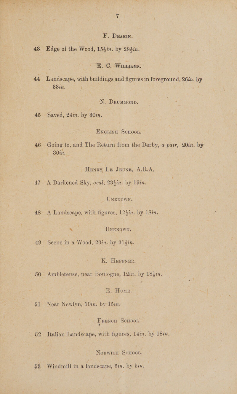 43 44 45 46 AT 48 49 50 BL 52 F. DEAKIN. Edge of the Wood, 154i. by 283in. / “KR. C. -WrutaMms. Landscape, with buildings and figures in foreground, 26in. by oun. 4 N. Drummonp. ‘ Saved, 24in. by 30zn, Enauisn ScHoon. Going to, and The Return from the Derby, a pair, 20in. by 30in. | | Hunry, Le JEUNE, A.R.A. “A Darkened Sky, oval, 234in. by 19in. UNKNOWN. A Landscape, with figures, 123in. by 18in. \ &amp; UNKNOWN. Scene in a Wood, 23in. by 314in. K. Herrner. Ambleteuse, near Boulogne, 12in. by 183in. E.. Hume. Near Newlyn, 10in. by 15u. FRENCH SCHOOL. &amp; Italian Landscape, with figures, Ldin. by 18in. NorwicH ScHOOL. Windmill in a landscape, 6in. by Sin.