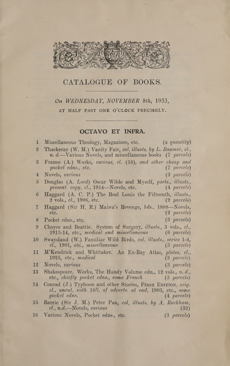   On WEDNESDAY, NOVEMBER 8th, 1933, AT HALF PAST ONE O’CLOCK PRECISELY.  OCTAVO ET INFRA. Miscellaneous Theology, Magazines, etc. (a quantity) Thackeray (W. M.) Vanity Fair, col. ilusts. by L. Baumer, cl., n. d.—Various Novels, and miscellaneous books (7 parcels) France (A.) Works, various, cl. (16), and other cheap and pocket edns., etc. (7 parcels) Novels, various (3 parcels) Douglas (A. Lord) Oscar Wilde and Myself, ports., alusts., present. copy, cl., 1914—Novels, ete. (4 parcels) Haggard (A. C. P.) The Real Louis the Fifteenth, dlusts., 2 vols., cl., 1906, etc. (2 parcels) Haggard (Sir H, R.) Maiwa’s Revenge, bds., 1888—Novels, etc. (2 parcels) Pocket edns., ete. (3 parcels) Choyce and Beattie. System of Surgery, tlusts., 3 vols., cl., 1915-14, etc., medical ond miscelianeous (6 parcels) Swaysland (W.) Familiar Wild Birds, col. ilusts., series 1-4, cl., 1901, ete., miscellaneous (3 parcels) M’Kendrick and Whittaker. An Ex-Ray Atlas, plates, cl., 1925, ete., medical (3 parcels) Novels, various (3 parcels) Shakespeare. Works, The Handy Volume edn., 12 vols., n. d., ete., chiefly pocket edns., some French (5 parcels) Conrad (J.) Typhoon and other Stories, First Eprrion, orig. cl., uncut, with 1611. of adverts. at end, 1903, etc., some pocket edns. (4 parcels) Barrie (Sir J. M.) Peter Pan, col, illusts. by A. Rackham, cl,, n.d,—Nlovels, various (32)