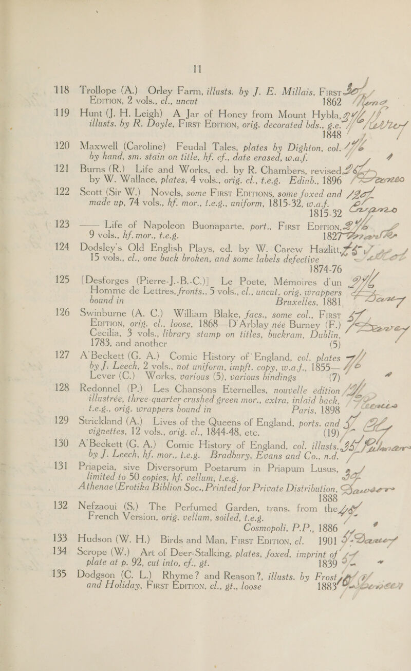 118 Trollope (A.) Orley Farm, illusts. by J. E. Millais, Pass Sor, a, b/ Epition, 2 vols., el., uncut G2. &lt;% (ene, 119 Hunt (J. H. Leigh) A Jar of Honey from Mount Hybla, Y illusts. by R. Doyle, First Eprrion, orig. decorated i ge / “fave ) ba 120 Maxwell (Caroline) Feudal Tales, plates by Dishton, col. Ye by hand, sm. stain on title, hf. cf., date erased, w.af, 4/ ee 4 121 Burns (R.) Life and Works, ed. by R. Chambers, revised Z6Zy&gt; by W. Wallace, plates, 4 vols., orig. cl., t.e.g. Edinb., 1896 /~=“ée2éo 122) Scott (Sir W.) Novels, some First Epitions, some foxed and /9o. made up, 74 vols., hf. mor., t.e.8., uniform, 1815-32, w.af. Vp 1815-32 ie: a 2 a = a 7 corel #2    923 Life of Napoleon Buonaparte, port., First poe Nie! 9 vols., hf. mor., t.e.g. : 124 Dodsley's Old English Plays, ed. by W. Carew Hazlitt,“ So Af _/ 15 vols., cl., one back broken, and some labels defective et OM | 1874-76 125 [Desforges (Pierre-J.-B.-C.)] Le Poete, Mémoires d'un of omme de Lettres, fronts., 5 vols., cl., uncut, orig. wrappers $Az bound in Bruxelles, 1881 — * ee 126 ri (A. ae ee ae we col., a y DITION, orig. cl., loose, —_ rblay née Burney (F.) APS 0re Cecilia, 3 vols., library stamp on titles, buckram, Duplin 2 ‘ we 1783, and another : (5) 127 A’Beckett (G. A.) Comic History of England, col. plates 7/ by J. Leech, 2 vols., not uniform, impft. copy, w.af., 1855— ye Lever (C.) Works, various (5), various bindings (7) P ms 128 Redonnel (P.) Les Chansons Eternelles, nouvelle édition AY : illustrée, three-quarter crushed green mor., extra, inlaid back, 5 jp OOOn t.e.g., orig. wrappers bound in Pars, 1898 &gt; fa = 7 129 Strickland (A.) Lives of the Queens of England, ports. and / (Sr vignettes, 12 vols., orig. cl., 1844-48, etc. (19) ity fe 130 A’Beckett (G. A.) Comic History of England, col. illusts. 94 / bh Oe by J. Leech, hf. mor., t.e.g._ Bradbury, Evans and Co., n.d. the 151 Priapeia, sive Diversorum Poetarum in Priapum Lusus, 2 me limited to 50 copies, hf. vellum, t.e.s. Sp Athenae (Erotika Biblion Soc., Printed for Private agra Aacderr Ie Netzaou 65... Phe Perfumed Garden, trans. from the er French Version, orig. vellum, soiled, t.e.g. re 7 Cosmopoli, P.P., 1886 om 133. Hudson (W. H.) Birds and Man, First Epirion, ci. 1901 Bf -Deeece-H 134 Scrope (W.) Art of Deer-Stalking, plates, foxed, imprint of or plate at p. 92, cut into, cf., st. 1839 ~ . 135 Dodgson (C. L.) Rhyme? and Reason ?, illusts. by Prost BY (Ye   cs bad oa and Holiday, First Epition, el., gt., loose wh Nebr tOCEM