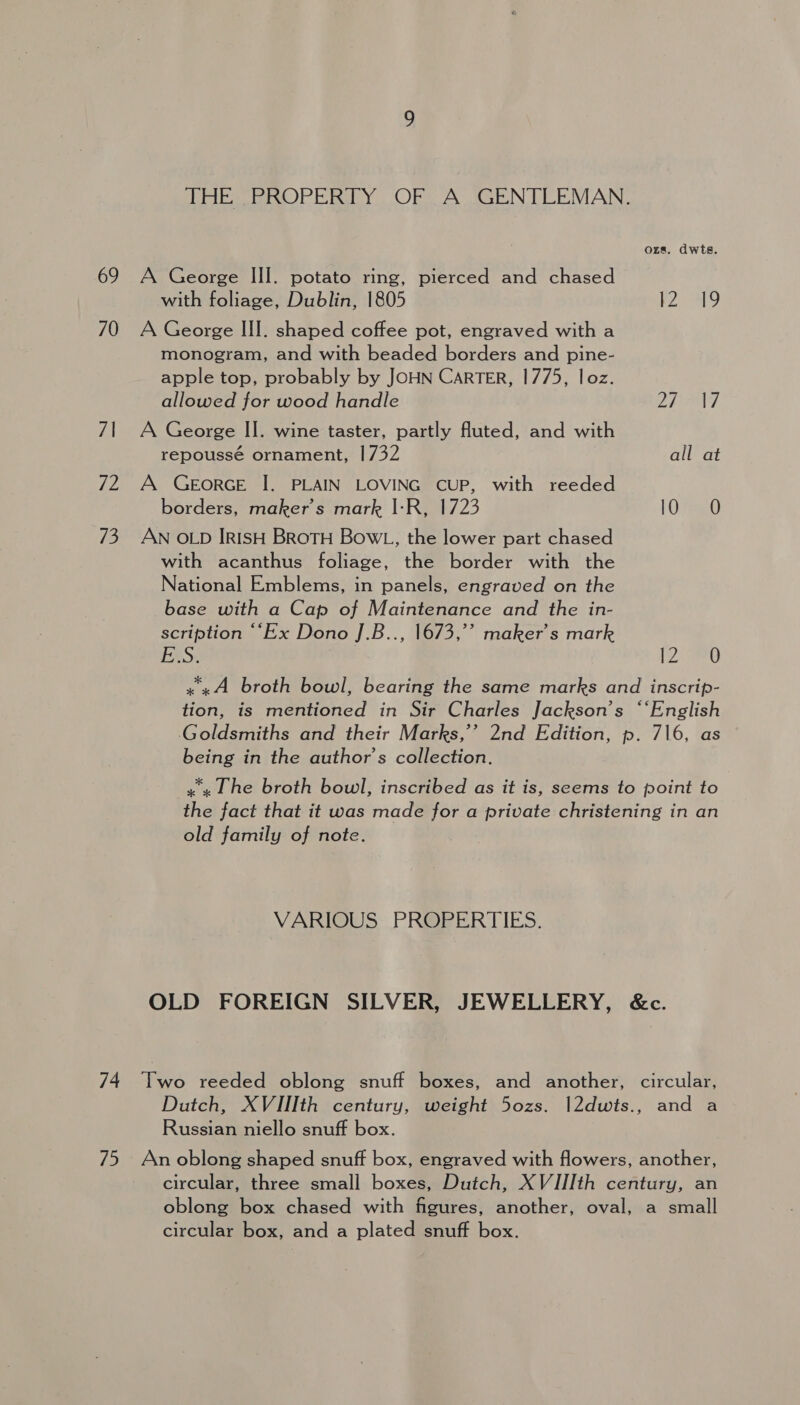 Dib ROPE RY. OFs Ao aaEN TCEMAN, ozs. dwte. 69 A George III. potato ring, pierced and chased with foliage, Dublin, 1805 F289 70 A George III. shaped coffee pot, engraved with a monogram, and with beaded borders and pine- apple top, probably by JOHN CARTER, 1775, loz. allowed for wood handle 2h TAY? 71 A George II. wine taster, partly fluted, and with repoussé ornament, |732 all at 72 A GeEorRGE I. PLAIN LOVING CUP, with reeded borders, maker's mark I-R, 1723 [OTe 73 AN OLD IRISH BROTH BOWL, the lower part chased with acanthus foliage, the border with the National Emblems, in panels, engraved on the base with a Cap of Maintenance and the in- scription ‘““Ex Dono J.B.., 1673,’ maker's mark ESS: [25280 x A broth bowl, bearing the same marks and inscrip- tion, is mentioned in Sir Charles Jackson’s ‘‘English ‘Goldsmiths and their Marks,’’ 2nd Edition, p. 716, as being in the author's collection. x x Lhe broth bowl, inscribed as it is, seems to point to the fact that it was made for a private christening in an old family of note. VARIOUS PRERERTIES. OLD FOREIGN SILVER, JEWELLERY, &amp;c. 74 Two reeded oblong snuff boxes, and another, circular, Dutch, XVIIIth century, weight 5o0zs. |2dwts., and a Russian niello snuff box. 75 An oblong shaped snuff box, engraved with flowers, another, circular, three small boxes, Dutch, XVIIIth century, an oblong box chased with figures, another, oval, a small circular box, and a plated snuff box.