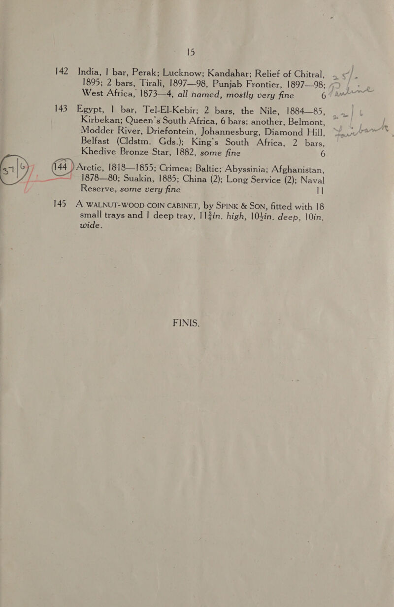 142 143 a) 145 15 India, | bar, Perak; Lucknow; Kandahar: Relief of Chitral, 1895: 2 bars, Tirali, 1897—98, Punjab Frontier, 189798: West Africa, 1873—4, all named, mostly very fine 61 Egypt, | bar, Tel-El-Kebir; 2 bars, the Nile, 1884—85, Kirbekan; Queen’s South Africa, apes. arene Belmont, Modder River, Driefontein, Johannesburg, Diamond Hill, Belfast (iter! Gds.); Kine’ s South Africa, 2. bars, Khedive Bronze Star, 1882, some fine 6 Arctic, 1818—1855; Crimea; Baltic; Abyssinia; Afghanistan, 1878—80; Suakin, 1885; China (2): Long Service (2); Naval Reserve, some very fine I] A WALNUT-WOOD COIN CABINET, by SPINK &amp; SON, fitted with 18 small trays and | deep tray, || #in. high, eke. deep, |Qin, wide. FINIS.
