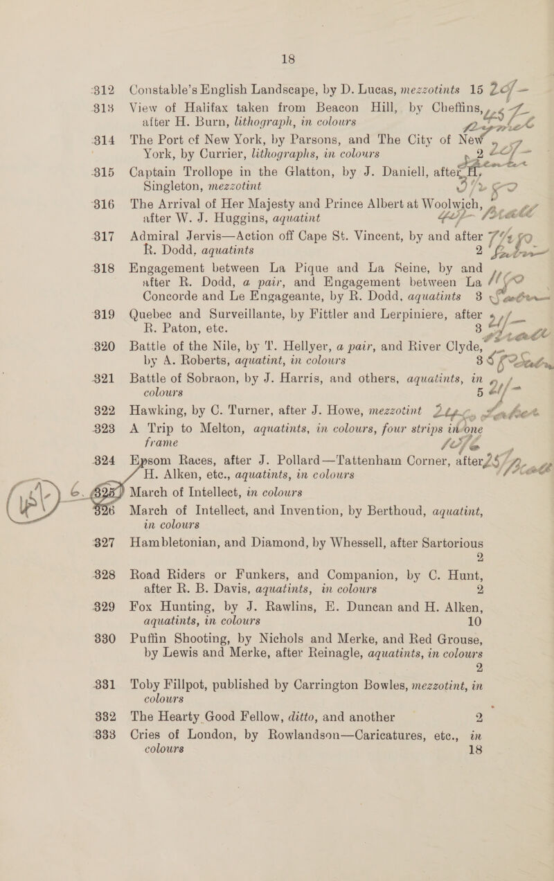   18 Constable’s English Landscape, by D. Lucas, mezzotints 15 2o/— | View of Halifax taken from Beacon Hill, by eam! L-, after H. Burn, luthograph, in colours kia lee The Port cf New York, by Parsons, and The City of <7, York, by Currier, lithographs, in colours 22 cf 5% a at Captain Trollope in the Glatton, by J. Daniell, after. a Singleton, mezzotint Ae big a = The Arrival of Her Majesty and Prince Albert at Woolwieh, 5 hi after W. J. Huggins, aquatint Yip THGAE Admiral Jervis—Action off Cape St. Vincent, by and mee 74” R. Dodd, aquatints ad bis Engagement between La Pique and ba Seine, by = son atter B. Dodd, a pair, and Engagement between La Mt Wo. Concorde and Le Engageante, by R. Dodd, aquatints 3 te = Quebee and Surveillante, by Fittler and Lerpiniere, after 97/— R. Paton, etc. 3 on. tell Battle of the Nile, by ‘Il’. Hellyer, a pair, and River Choa aan by A. Roberts, aquatint, in colours 38% ~ Sn Lu. Battle of Sobraon, by J. Harris, and others, aquatints, in », / colours 5 ao Hawking, by C. Turner, after J. Howe, mezzotint Dy fs when foe A Trip to Melton, aquatints, in colours, four strips in one frame sf (4 ,  Epsom Races, after J. Pollard—Tattenham Corner, after, LS/ n, - H. Alken, ete., aquatints, in colours Cf aE March of Intellect, and Invention, by Berthoud, aquatint, in colours Hambletonian, and Diamond, by Whessell, after Sartorious 2 Road Riders or Funkers, and Companion, by C. Hunt, after R. B. Davis, aquatints, wm colours 2 Fox Hunting, by J. Rawlins, E. Duncan and H. Alken, aquatints, im colours 10 Puffin Shooting, by Nichols and Merke, and Red Grouse, by Lewis and Merke, after Reinagle, aquatints, in colours 2 Toby Fillpot, published by Carrington Bowles, mezzotint, in colours : The Hearty Good Fellow, ditto, and another _ 2, Cries of London, by Rowlandson—Caricatures, ete., in