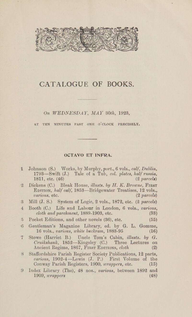  : 32) ZF ', GIN) arr fa = RRND EX ‘s ~ WS Z o SNS b 200 - = = 4 Pat WINS 3 Rat D Z : 5 aM, A \ ol} if 3 i} q @ Qs \ =&gt; d} 4 ae A L{ re ©. c C « = n y \ a 4 Me ve a bat  O - 2S CATALOGUE OF BOOKS. On WEDNESDAY, MAY 30th, 1923, AT TEN MINUTES PAST ONE O'CLOCK PRECISELY. OCTAVO ET INFRA. Johnson (8.) Works, by Murphy, port., 6 vols., calf, Dublin, 1798—Swift (J.) Tale of a Tub, col. plates, half russia, 1811, etc. (46) (2 parcels) Dickens (C.) Bleak House, illusts. by H. K. Browne, First Epririon, half calf, 1853—-Bridgewater Treatises, 12 vols., varius, etc. (2 parcels) Mill (J. S.) System of Logie, 2 vols., 1872, etc. (2 parcels) Booth (C.) Life and Labour in London, 6 vols., various, cloth and parchment, 1889-1908, etc. (33) Pocket Editions, and other novels (36), ete. (55) Gentleman’s Magazine Library, ed. by G. L. Gomme, 16 vols., various, white buckram, 1883-95 (16) Stowe (Harriet B.) Uncle Tom’s Cabin, illusts. by G. Cruikshank, 1852—Kingsley (C.) Three Lectures on Ancient Regime, 1867, First Epirions, cloth (2) Staffordshire Parish Register Society Publications, 12 parts, various, 1902-4—Lewis (J. P.) First Volume of the Conway Parish Registers, 1900, wrappers, etc. (15) Index Library (The), 48 nos., various, between 1892 and 1909, wrappers (48)