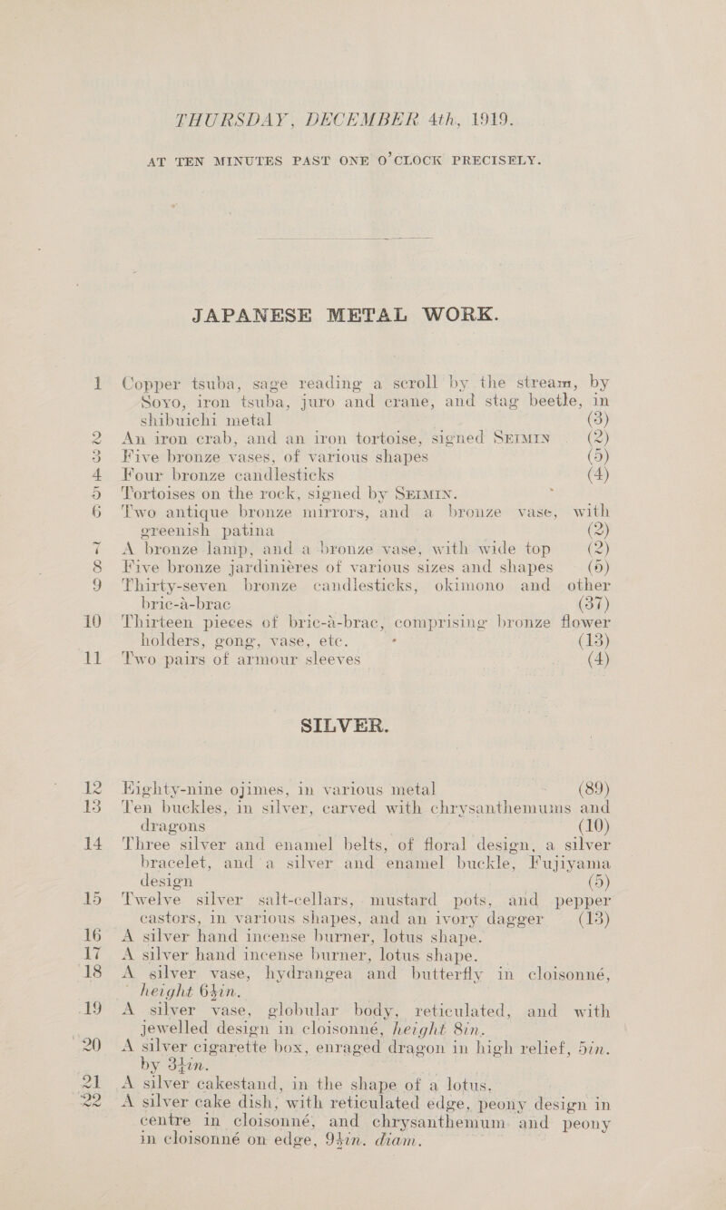 CO CD = Cn On pes COD freed bm pd bet SS 13 16 THURSDAY, DECEMBER 4th, 1919. AT TEN MINUTES PAST ONE O'CLOCK PRECISELY.  JAPANESE METAL WORK. Copper tsuba, sage reading a scroll by the stream, by Soyo, iron tsuba, juro and crane, and stag beetle, in shibuichi metal : (3) An iron crab, and an iron tortoise, signed SErMIN . (2 Five bronze vases, of various shapes (5) Four bronze candlesticks (4) Tortoises on the rock, signed by Srrmry. Two antique bronze mirrors, and a bronze vase, with ereenish patina : (2) es A bronze lamp, and a bronze vase, with wide top (2) Five bronze jardiniéres of various sizes and shapes (D) Py 4 2 : JT =, si Thirty-seven bronze candlesticks, okimono and_ other bric-a-brac (37) Thirteen pieces of bric-a-brac, comprising bronze flower holders, gong, vase, etc. . (13) Two pairs of armour sleeves (4) SILVER. Eighty-nine ojimes, in various metal Ree CON Ten buckles, in silver, carved with chrysanthemums and dragons (10) Three silver and enamel belts, of floral design, a silver bracelet, anda silver and enamel buckle, Fujiyama design (5) Twelve silver salt-cellars, mustard pots, and pepper castors, In various shapes, and an ivory dagger (13) A silver hand incense burner, lotus shape. A silver hand incense burner, lotus shape. A silver vase, hydrangea and butterfly in cloisonné, A silver vase, globular body, reticulated, and with jewelled design in cloisonné, hezght 8in. A silver cigarette box, enraged dragon in high relief, 5in. by 3hin. rs A silver cakestand, in the shape of a lotus. A silver cake dish, with reticulated edge, peony design in centre in cloisonné, and chrysanthemum. and peony