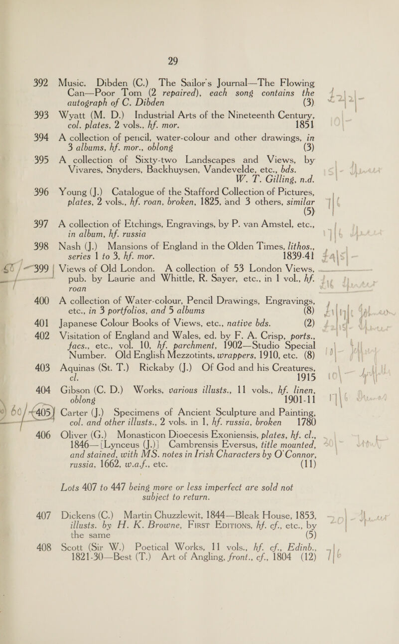 392 Music. Dibden (C.) The Sailor's Journal—The Flowing an—Poor Tom (2 repaired), each song contains the autograph of C. Dibden 393 Wyatt (M. D.) Industrial Arts of the Nineteenth mcs col. plates, 2 vols., hf. mor. 394 A collection of pencil, water-colour and other drawings, in 3 albums, hf. mor., oblong 395 A collection of Sixty-two Landscapes and Views, by Vivares, Snyders, Backhuysen, Vandevelde, etc., bds. W. T. Gilling, n.d. 396 Young (J.) Catalogue of the Stafford Collection of Pictures, plates, 2 vols., hf. roan, broken, 1825, and 3 others, aa 397. A collection of Etchings, Engravings, by P. van Amstel, etc., in album, hf. russia 398 Nash (J.) Mansions of England in the Olden Times, lithos., series | to 3, hf. mor. 1839.41 4 AS) £6 / 399 Views of Old London. A collection of 53 London Views, 9 4 pub. by Laurie and Whittle, R. Sayer, etc., in 1 vol., Af. J, roan | 400 A collection of Water-colour, Pencil Drawings, Engravings, etc., in 3 portfolios, and 5 albums (8) 401 Japanese Colour Books of Views, etc., native bds. (2) 402 Visitation of Se ca and Wales, ed. by F. A. Crisp, ports., facs., etc., vol. hf. parchment, 1902—Studio Special Number. Old Enelich Mezzotints, wrappers, 1910, etc. (8) 403 fauites (St. T.) Rickaby (J.) Of God and his ens él Gibson (C. D.) Works, various illusts., 11 vols., a per oblong 1-11 Carter ( (J) Specimens of Ancient Sculpture and Be aN ’ col. and other illusts., 2 vols. in 1, Af. russia, broken 1780 Oliver (G.) Monasticon Dioecesis Exoniensis, plates, hf. cl., 1846— {Lynceus (J.)| Cambrensis Eversus, title mounted, and stained, with MS. notes in Irish Characters by O’ Connor, russia, 1662, w.af., etc. (TT)  Lots 407 to 447 being more or less imperfect are sold not subject to return. 407 Dickens (C.) Martin Chuzzlewit, 1844—Bleak House, 1853, illusts. by H. K. Browne, First Eprrtions, hf. cf, etc., a 5) the same 408 Scott (Sir W.) Poetical Works, 11 vols., Af. cf., Edinb., 1821-30—Best (T.) Art of Angling, front., cf., 1804 (12)