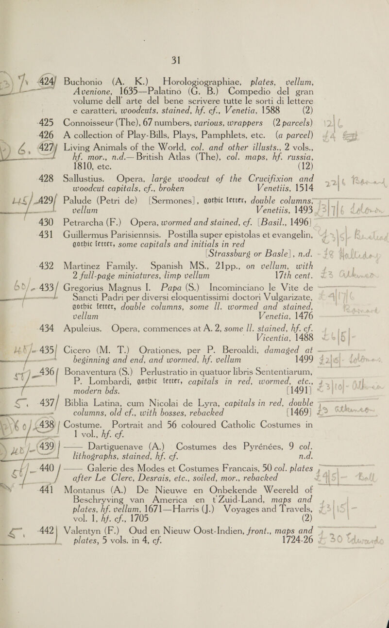 7, \ i 424) Buchonio (A. K.) Horologiographiae, plates, vellum, a Avenione, 1635—Palatino (G. B.) Compedio del gran volume dail arte del bene scrivere tutte le sorti di lettere e caratteri, woodcuts, stained, hf. cf., Venetia, 1588 (2) -425 Connoisseur (The), 67 numbers, various, wrappers (2 parcels) 426 A collection of Play-Bills, Plays, Pamphlets, etc. (a parcel) iS) b : Gey Living Animals of the World, col. and other illusts., 2 vols., ) os hf. mor., n.d.— British Atlas (The), col. maps, Af. russia, 1810, etc. (12) 428 Sallustius. Opera, large woodcut of the Crucifixion and woodcut capitals, cf., broken Venetiis, 1514 = vellum 430 Petrarcha(F.) Opera, wormed and stained, cf. {Basil., 1496] 431 Guillermus Parisiennsis. Postilla super epistolas et evangelin, gothic ietter, some capitals and initials in red [Strassburg or Basle], n.d. 432 Martinez Family. Spanish MS., 2lpp., on vellum, with 2 full-page miniatures, limp vellum 17th cent. Sancti Padri per diversi eloquentissimi doctori Vulgarizate, gothic fetter, double columns, some Il. wormed and stained, vellum Venetia, 1476 434 Apuleius. Opera, commences at A. 2, some [/. stained, hf. cf. ' Vicentia, 1488 Cicero (M. T.) Orationes, per P. Beroaldi, damaged at beginning and end, and wormed, hf. vellum 1499 Bonaventura (S. ) Perlustratio in quatuor libris Sententiarum, Lombardi, gothic tetter, capitals in red, wormed, etc.,  modern bds. [1 491] Z S}te i, 437/ Biblia Latina, cum Nicolai de Lyra, capitals in red, double ES columns, old cf., with bosses, rebacked [1469] ¥ ’ 4 | iA 8 | Costume. Portrait and 56 coloured Catholic Costumes in ey */: a. lovely Af ey \ Mh, |_(439)| Dartiguenave (A.) Costumes des Pyrénées, 9 col. ion {_———_t lithographs, stained, hf. cf. n.d.  ¢ scene gt after Le Clerc, Desrais, etc., soiled, mor., rebacked eschryving van America en tZuid-Land, maps and i bse ; ww ifm « vol. lL, hfe¢cf... 1705 plates, 5 vols. in 4, cf. OUI oF eS Eee Ea . 7,