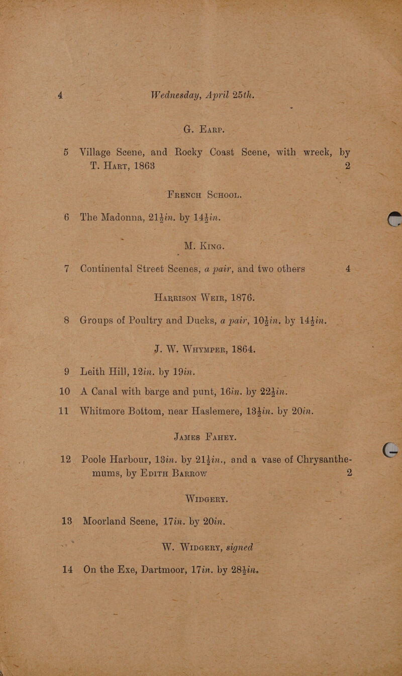   10 12 13 14 Wednesday, April 25th. G. Earp. Village Scene, and Rocky Coast Scene, with wreck, by T. Harr, 1863 : | 2 _“Frenca ScHoou. — The Madonna, 214i. by 1443in. ~ M. Kine.   Harrison Werr, 1876. Groups of Poultry and Ducks, a pair, 104in. by 144in. J. W. Wuymper, 1864. Leith Hill, 12in. by 19in. : A Canal with barge and punt, 16in. by 22370. JAMES FAHEY. Poole Harbour, 18in. by 213in., and a vase of Chrysanthe- mums, by Epirn Barrow 2 WIDGERY. pees Moorland Scene, 17in. by 20in. — W. Winaery, signed — On the Exe, Dartmoor, 17in. by 28hin. | - es