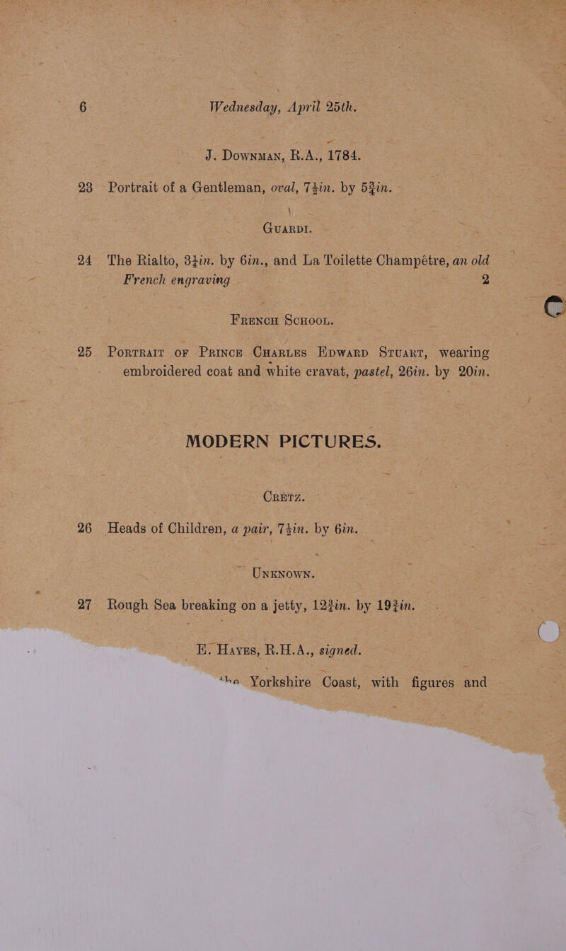 J. Downman, R.A., 1784. 23 Portrait of a Gentleman, oval, T4in. by 5¥in. \ GUARDI. 24 The Rialto, 84in. by 6in., and La Toilette an an old French engraving 2 FRENCH SCHOOL. 25 Porrrair oF Prince CHartes Hpwarp Stuart, wearing embroidered coat and white cravat, pastel, 26in. by 2Oin. MODERN PICTURES. CRETZ. 26 Heads of Children, a pair, Thin. by 6in. UNKNOWN. 27 Rough Sea breaking on a jetty, 123in. by 192in. _ EH. Havas, R.H.A., signed. “he Yorkshire Coast, with figures and