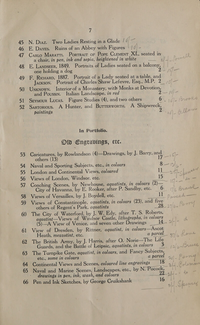45 46 47 48 49 50 51 52 7 N. Diaz. Two Ladies Resting in a Glade lia E. Daves. Ruins of an Abbey with Figures «| / Carto Maratt. Portrait of Pope Crement XI., seated in a chair, in pen, ink and sepia, heightened in white ey E. Lanpszer, 1849. Portraits of Ladies seated on a balcony, one holding a dog 9 F. Ricuarp, 1887. Portrait of a Lady seated at a table, and. Jackson. Portrait of Charles Shaw Lefevre, Esq. MiP: 2. Unknown. Interior of a Monastery, with Monks at Devotion, and Poussin. Italian Landscape, in red Seymour Lucas. Figure Studies (4), and two others 6, | Sartorious. A Hunter, and BurrerwortH. A Shipwreck paintings * 3 In Portfolio. Mid Engravings, etc. Caricatures, by Rowlandson (4)—Drawings, by J. Barry,and 4, others (13 ia Naval and Sporting Subjects, etc., in colours 8 — ih, London and Continental Views, coloured | [te ee ¢ Views of London, Windsor, ete. He noe Ree Coaching Scenes, by Newhouse, aquatints, in colours (2)— : City of Havanna, by E. Rooker, after P. Sandby, etc. 6 Rr Views of Versailles, by J. Boydell, etc. , big.  oh ae Views of Constantinople, aquatints, in colours (23), and five others of Regent’s Park, aquatints Les The City of Waterford, by J. W. Edy, after T. S. Roberts, aquatint—Views of Windsor Castle, lithographs, in colours j (5)--A View of Venice, and seven other Drawings 14 “~~ View of Dresden, by Rittner, aquatint, in colours—Ascot , Heath, mezzotint, etc. a parcel n- The British Army, by J. Harris, after O. Norie—The Life Guards, and the Battle of Leipsic, aquatints, in colours Be, aee The Turnpike Gate, agquatint, in colours, and Fancy Subjects, etc., some in colours a parcel 5) Porry Continental Views and Scenes, coloured line engravings _ [Sing 'c @h aca Naval and Marine Scenes, Landscapes, etc., by N. Pocock, ~ drawings in pen, ink, wash, and colours ap. 2204) Pen and Ink Sketches, by George Cruikshank 16 |