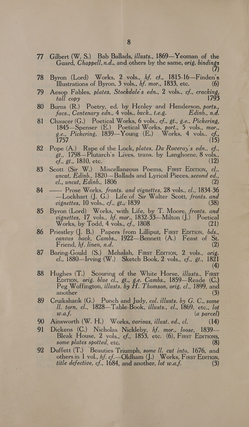 77 78 79 80 81 82 83 84 86 87 88 89 90 91 pre  8 Gilbert (W. S.) Bab Ballads, illusts., 1869—Yeoman of the Guard, Chappell, n.d., and others by the same, orig. bindings | ) Byron (Lord) Works, 2 vols., Af. cf., 1815-16—Finden’s Illustrations of Byron, 3 vols., hf. mor., 1833, etc. (6) Aesop Fables, plates, Stockdale's edn., 2 vols., cf., cracking, tall copy 1793 Burns (R.) Poetry, ed. by Henley and Henderson, ports., facs., Centenary edn., 4 vols., buck., t.e.g. FEdinb., n.d. Chaucer (G.) Poetical Works, 6 vols., cf., gt., g.e., Pickering, 1845—Spenser (E.) Poetical Works, port., 5 vols., mor., oo Pickering, 1839—Young (E.) Works, 4 vols., ag Pope (A.) Rape of the Lock, plates, Du Roveray's edn., cf., st., 1798—Plutarch’s Lives, trans. by Langhorne, 8 vols., cf., st., 1810, etc. (12) Scott (Sir W.) Miscellaneous Poems, First Epition, ci., uncut, Edinb., 1820—Ballads and Lyrical Pieces, second ed., cl., uncut, Edinb., 1806 (2) Prose Works, fronts. and vignettes, 28 vols., cl., 1834-36 —Lockhart (J. G.) Life of Sir Walter Scott, fronts. and vignettes, 10 vols., cf., st., 1839 (38) Byron (Lord) Works, with Life, by T. Moore, fronts. and vignettes, 17 vols., hf. mor., 1832-33—Milton (J.) Poetical Works, by Todd, 4 vols., cf., 1808 (21) Priestley (J. B.) Papers from Lilliput, Firsr Epition, dds., canvas back, Cambs., 1922—Bennett (A.) Feast of St. Friend, Af. linen, n.d. (2) Baring-Gould (S.) Mehalah, First Epirion, 2 vols., orig. cl., 1{880—Irving (W.) Sketch Book, 2 vols., cf., g¢., Mn Hughes (T.) Scouring of the White Horse, i/lusts., First Epition, orig. blue cl., gt., g.e. Cambs., 1859—Reade (C.) Peg Woffington, illusts. by H. Thomson, orig. cl., 1899, om another Cruikshank (G.) Punch and Judy, col. illusts. by G. C., some Il. torn, cl., 1828—Table-Book, illusts., cl., 1869, etc., lot w.a.f. (a parcel) Ainsworth (W. H.) Works, various, illust. ed., cl. (14) Dickens (C.) Nicholas Nickleby, Af. mor., loose, 1839-— Bleak House, 2 vols., cf, 1853, etc. (6), First Bhs some plates spotted, etc. Duffett (T.) Beauties Triumph, some I]. cut into, 1676, and others in | vol., Af. c¢f.—Oldham (J.) Works, First Epition, title defective, cf., 1684, and another, /ot was. (3)