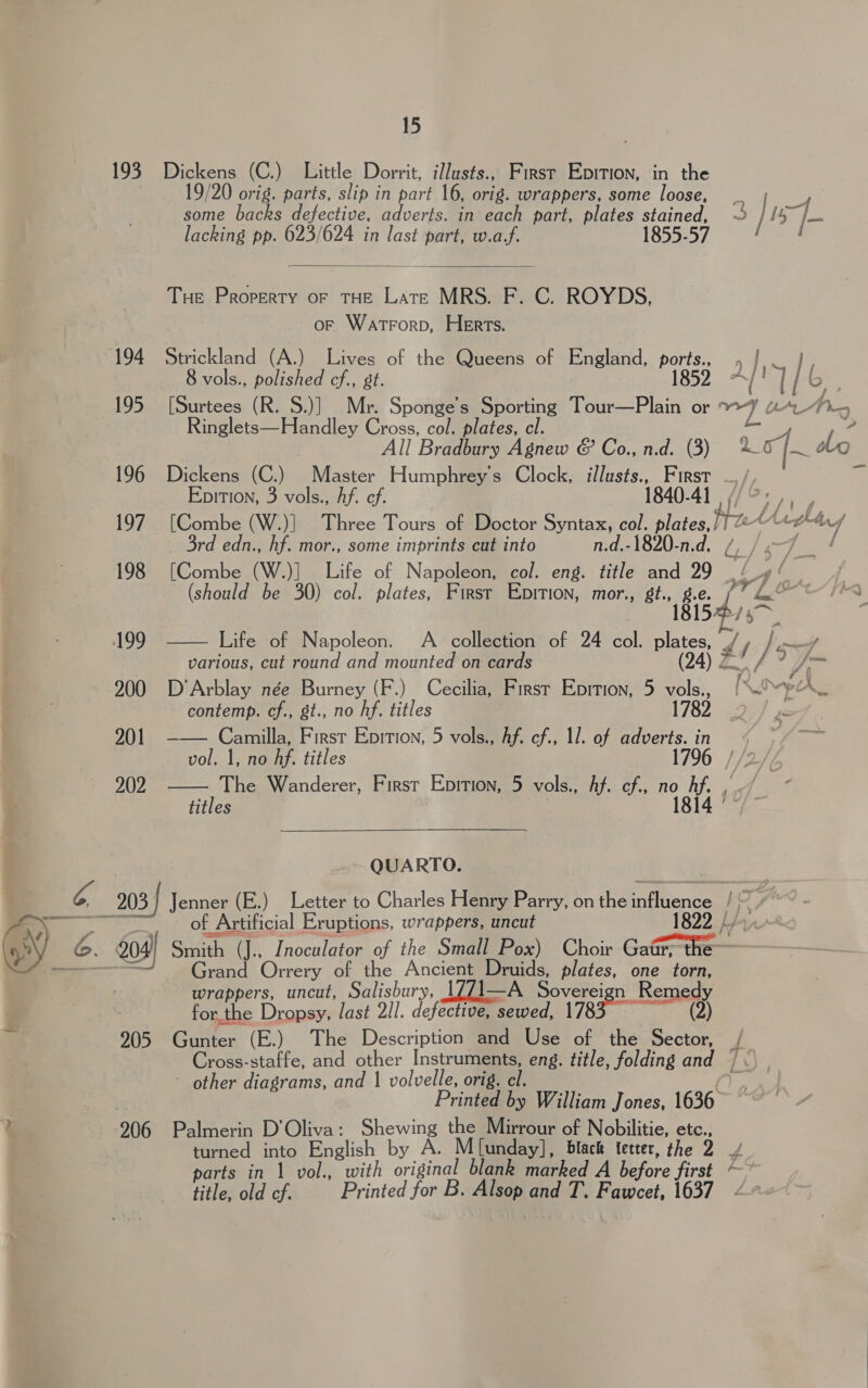 193 Dickens (C.) Little Dorrit, i/Justs., First Epition, in the 19/20 orig. parts, slip in part 16, orig. wrappers, some loose, some backs defective, adverts. in each part, plates stained, 3 Js lacking pp. 623/624 in last part, w.a.f.  THE Loran oF THE LATE MRS. F. C. ROYDS, or Watrorp, HEnrts. 194 Strickland (A.) Lives of the Queens of England, Be, 8 vols., polished cf., gt. N16 o 195 [Surtees (R. S.)] Mr. Sponge’s Sporting si weet or 4 Ar Ringlets—Handley Cross, col. plates, c © All BrtntawetAgnen &amp; Cound (G)- to fs do 196 Dickens (C.) Master Humphrey's Clock, ilusts., First nt EpITIon, 3 vols., Af. ef. 18 ley 197 [Combe (W.)] Three Tours of Doctor Syntax, col. plates,))@“““4Y 3rd edn., hf. mor., some imprints cut into n.d.-1820-n.d, tel /« pe amy 198 [Combe (W.)] Life of Napoleon, col. eng. title and 29 _/ »¢ (should be 30) col. plates, First Epition, mor., 8t., ee 1 5 ae Life of Napoleon. A collection of 24 col. plates, _/ / W mei | various, cut round and mounted on cards (24) / ? be 200 D’Arblay née Burney (F.) Cecilia, First Epition, 5 vols., [i pr. contemp. cf., st., no hf. titles 1782 Camilla, First Epition, 5 vols., Af. cf., 11. of adverts. in vol. 1, no hf. titles 1796 //2/, The Wanderer, First Enrtion, 5 vols., Af. of, no hf. , ~/ titles 1814 ° 199  201  202  QUARTO. | . F 203 | Jenner (E.) Letter to Charles Henry Parry, on the influence LO y, of ‘Artificial Eruptions, wrappers, uncut ¥ 204) Spain | (J., Inoculator of the Small Pox) Choir Gaur, the os Grand Orrery CCM &gt; ene plates, 1 Re fhe wrappers, uncut, Salisbury 771 — overe emedy gue Dropsy, last 2Il. defective, sewed, rita me (2) 205 Gunter (E.) The Description and Use of the Sector, f Cross-staffe, and other Instruments, eng. title, folding and / . ~ other diagrams, and | volvelle, orig. el. Printed by William Jones, 1636 906 Palmerin D’Oliva: Shewing the Mirrour of Nobilitie, etc., ; turned ne English by A. Ml[unday], black tetter, the 9 parts in 1 vol., with original blank marked A Hefore first £ title, old cf. Printed for B. Alsop and T. Fawcet, 1637 2