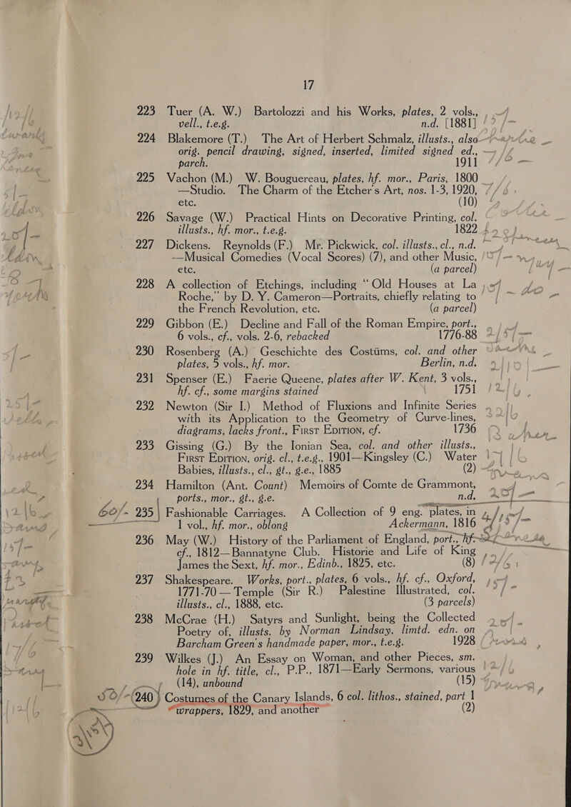 223 Tuer (A. W.) Bartolozzi and his Works, plates, 2 vols., , vell., t.e.g. n.d. [1881] 224 Blakemore (T.) The Art of Herbert Schmalz, illusts., also | orig. pencil drawing, signed, inserted, limited signed ed., parch. 1911 2 225. Vachon (M.) W. Bouguereau, plates, hf. mor., Paris, 1800 _ /, 1 —Studio. The Charm of the Etcher’s Art, nos. 1-3, Han Lf b&gt;» tf | , etc. 226 Savage (W.) Practical Hints on Decorative Printing, col. | “f- illusts., hf. mor., t.e.g. 1822 4. es 227 Dickens. Reynolds(F.) Mr. Pickwick, col. illusts.,cl.,n.d. ~ tAM. -~—Musical Comedies (Vocal Scores) (7), and other Music, /\ a &gt; = etc. (a parcel) ee 228 A collection of Etchings, including “Old Houses at La jo /, HA Roche,” by D. Y. Cameron—Portraits, chiefly relating to ‘= / ~ “~~ the French Revolution, etc. (a parcel) 229 Gibbon (E.) Decline and Fall of the Roman Empire, port., vols., cf., vols. 2-6, rebacked 1776-88 230 Rosenberg (A.) Geschichte des Costiims, col. and other plates, 5 vols., hf. mor. Berlin, n.d. 231 Spenser (E.) Faerie Queene, plates after W. Kent, 3 vols., hf. cf., some margins staine | 1751 232 Newton (Sir I.) Method of Fluxions and Infinite Series . with its Application to the Geometry of Curve-lines, diagrams, lacks front., First Epition, cf. 1736 233 Gissing (G.) By the Ionian Sea, col. and other illusts., . i First Epition, orig. cl., t.e.g., 1901—Kingsley (C.) Water | | Babies, illusts., cl., gt., g.e., 1885 (2) Ge P 234 Hamilton (Ant. Count) Memoirs of Comte de Grammont, _ ae ports., mor., gt., 8.e. ees ned Fashionable Carriages. A Collection of 9 eng. plates, in fe /, sar ——__—_ It vol., Af. mor., oblong Ackermann, 181 Aj” / 236 May (W.) History of the Parliament of England, port., WSL VA cf., 1812—Bannatyne Club. Historie and Life of King Cah. James the Sext, hf. mor., Edinb., 1825, etc. (8) F/G 5 237. Shakespeare. Works, port., plates, 6 vols., Af. cf., Oxford, 1771-70 — Temple (Sir R.) Palestine Illustrated, col. : illusts., cl., 1888, etc. (3 parcels) 238 McCrae (H.) Satyrs and Sunlight, being the Collected Poetry of, illusts. by Norman Lindsay, limtd. edn. on Barcham Green's handmade paper, mor., t.e.g. | 1928 239 Wilkes (J.) An Essay on Woman, and other Pieces, sm. | hole in hf. title, cl., P.P., 1871—Early Sermons, various | ° ee, Sg! (LA) Punbound (15) SO (240 Costumes of the Canary Islands, 6 col. lithos., stained, part) ex  x “wrappers, 1829, and another ~ 