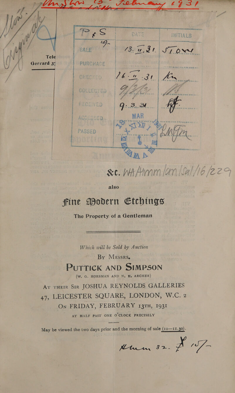  Which will be Sold by Auction By Messrs. PuTTICK AND SIMPSON (Ww. G. HORSMAN AND N, H, ARCHER) Ar rue Sirk JOSHUA REYNOLDS GALLERIES 47, LEICESTER SQUARE, LONDON, W.C. z oe FRIDAY, FEBRUARY 13TH, 1931 AT HALF PAST ONE O CLOCK PRECISELY ———— May be viewed the two days prior and the morning of sale (to—11. 30)-