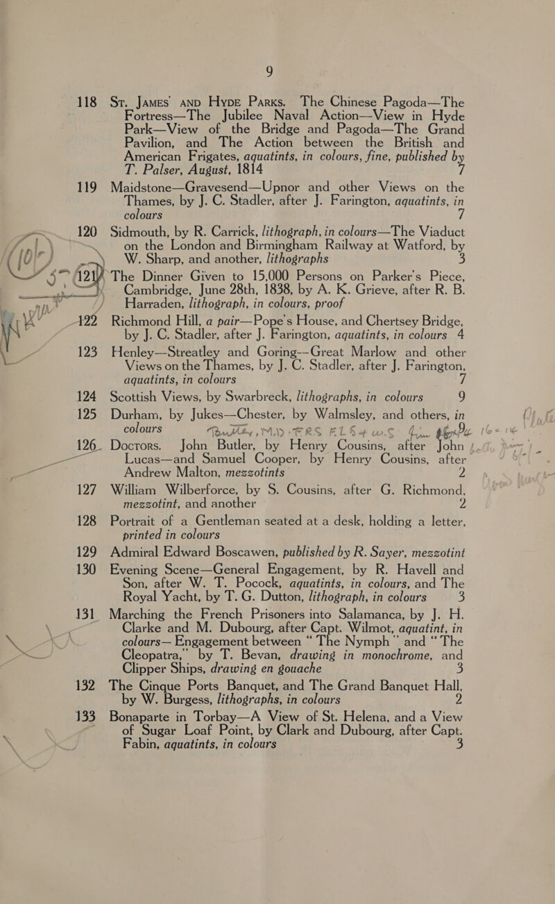 ALB Sr. James anp Hype Parks. The Chinese Pagoda—The Fortress—The Jubilee Naval Action—View in Hyde Park—View of the Bridge and Pagoda—The Grand Pavilion, and The Action between the British and American Frigates, aquatints, in colours, fine, published by T. Palser, August, 1814 fi 119 Maidstone—Gravesend—Upnor and other Views on the Thames, by J. C. Stadler, after J. Farington, aquatints, in colours 7 120 Sidmouth, by R. Carrick, lithograph, in colours—The Viaduct F nly Y on the London and Birmingham Railway at Watford, by ‘\’ W. Sharp, and another, lithographs (Oy). Cie 121 ' The Dinner Given to 15,000 Persons on Parker's Piece, ’ —=)}, Cambridge, June 28th, 1838, by A. K. Grieve, after R. B. Harraden, lithograph, in colours, proof \N W . os Richmond Hill, a pair—Pope’s House, and Chertsey Bridge, _—— H een al plates by J. C. Stadler, after J. Farington, aquatints, in colours 4 ee 123 Henley—Streatley and Coe. creat Marlow and other a“ Views on the Thames, by J. C. Stadler, after J. Farington, | aquatints, in colours 7 124 Scottish Views, by Swarbreck, lithographs, in colours 9 125 Durham, by Jukes—Chester, by Neder Bat others, é colours Rutty, MA ERS Fl bate CP | 126. Doctors. John Butler, by Henry Cae after “aot ae Lucas—and Samuel Cooper, by Henry Cousins, after Andrew Malton, mezzotints 2 127. William Wilberforce, by S. Cousins, after G. Richmond, megzotint, and another y 128 Portrait of a Gentleman seated at a desk, holding a letter, printed in colours 129 Admiral Edward Boscawen, published by R. Sayer, mezzotint 130 Evening Scene—General Engagement, by R. Havell and Son, after W. T. Pocock, aquatints, in colours, and The Royal Yacht, by T. G. Dutton, lithograph, in colours 3 131 Marching the French Prisoners into Salamanca, by J. H. fe, Clarke and M. Dubourg, after Capt. Wilmot, aguatint, in ie 4 colours— Engagement between “ The Nymph ”’ and “ The a Cleopatra,’ by T. Bevan, drawing in monochrome, and Clipper Ships, drawing en gouache 132. The Cinque Ports Banquet, and The Grand Banquet Hall, by W. Burgess, lithographs, in colours Z 133. Bonaparte in Torbay—A View of St. Helena, and a View : of Sugar Loaf Point, by Clark and Dubourg, after Capt. Fabin, aquatints, in colours 3