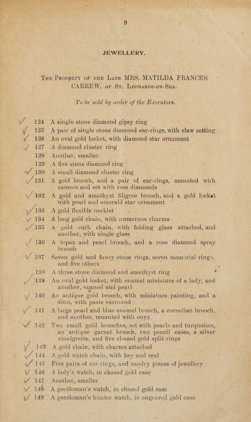  JEWELLERY. f CARREW, or Sr. Leonarps-on-SzEa. T’o be sold by order of the Hxecutors. A single stone diamond gipsy ring A pair of single stone diamond ear-rings, with claw setting An oval gold loeket, with diamond star ornament 7 A diamond cluster ring Another, smaller 3 A five stone diamond ring A small diamond cluster ring A gold brooch, and a pair of ear-rings, mounted with cameos and set with rose diamonds with pearl and emerald star ope A gold flexible necklet / A long gold chain, with numerous charms A gold curb chain, with folding glass attached, and another, with sinale class A topaz and pearl brooch, ne a rose diamond spray brooch Seven gold and fancy stone rings, seven mem ony rings, and five others A three stone diamond and amethyst ring . , An oval gold locket, with enamel miniature of a lady, and another, enamel and pearl An antique gold brooch, with miniature painting, and a ditto, with paste surround A large pearl and blue enamel brooch, a cornelian brooch, and another, mounted with onyx Two small gold brooches, set with pearls and turquoises, an antigne garnet brooch, two pencil cases, a silver vinaigrette, and five chased gold split rmgs ; A gold chain, with charms attached A gold watch chain, with key and seal Five pairs of ear-rings, and sundry pieces of ee. A lady's watch, in chased gold case Another, smaller