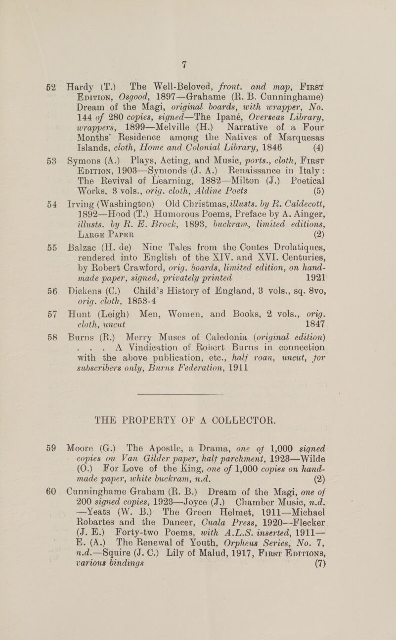 52 D3 54 55 56 57 58 7 Hardy (T.) The Well-Beloved, front. and map, First Epition, Osgood, 1897—Grahame (R. B. Cunninghame) Dream of the Magi, original boards, with wrapper, No. 144 of 280 copies, signed—The Ipané, Overseas Library, wrappers, 1899—Melville (H.) Narrative of a Four Months’ Residence among the Natives of Marquesas Islands, cloth, Home and Colonial Library, 1846 (4) Symons (A.) Plays, Acting, and Musie, ports., cloth, First Epirion, 1908—Symonds (J. A.) Renaissance in Italy: The Revival of Learning, 1882—Milton (J.) Poetical Works, 8 vols., orig. cloth, Aldine Poets (5) Irving (Washington) Old Christmas, illusts. by R. Caldecott, 1892—Hood (T.) Humorous Poems, Preface by A. Ainger, illusts. by R. H. Brock, 1898, buckram, limited. editions, Larce PaPer (2) Balzac (H. de) Nine Tales from the Contes Drolatiques, rendered into English of the XIV. and XVI. Centuries, by Robert Crawford, orig. boards, limited edition, on hand- made paper, signed, privately printed 1921 Dickens (C.) Child’s History of England, 3 vols., sq. 8vo, orig. cloth, 1853-4 Hunt (Leigh) Men, Women, and Books, 2 vols., orig. cloth, uncut 1847 Burns (R.) Merry Muses of Caledonia (oraginal edition) A Vindication of Robert Burns in connection, “fee the above publication, etc., half roan, uncut, for subscribers only, Burns Federation, 1911 THE PROPERTY OF A COLLECTOR. copies on Van Gilder paper, half parchment, 1923—Wilde (O.) For Love of the King, one of 1,000 copies on hand- made paper, white buckram, n.d. (2) 200 signed copies, 1923—Joyce (J.) Chamber Music, n.d. —Yeats (W. B.) The Green Helmet, 1911—Michael Robartes and the Dancer, Cuala Press, 1920—-Flecker. (J. I.) Forty-two Poems, with A.L.S. imserted, 1911— HK. (A.) The Renewal of Youth, Orpheus Series, No. 7, n.d.—Squire (J. C.) Lily of Malud, 1917, First Eprtions,