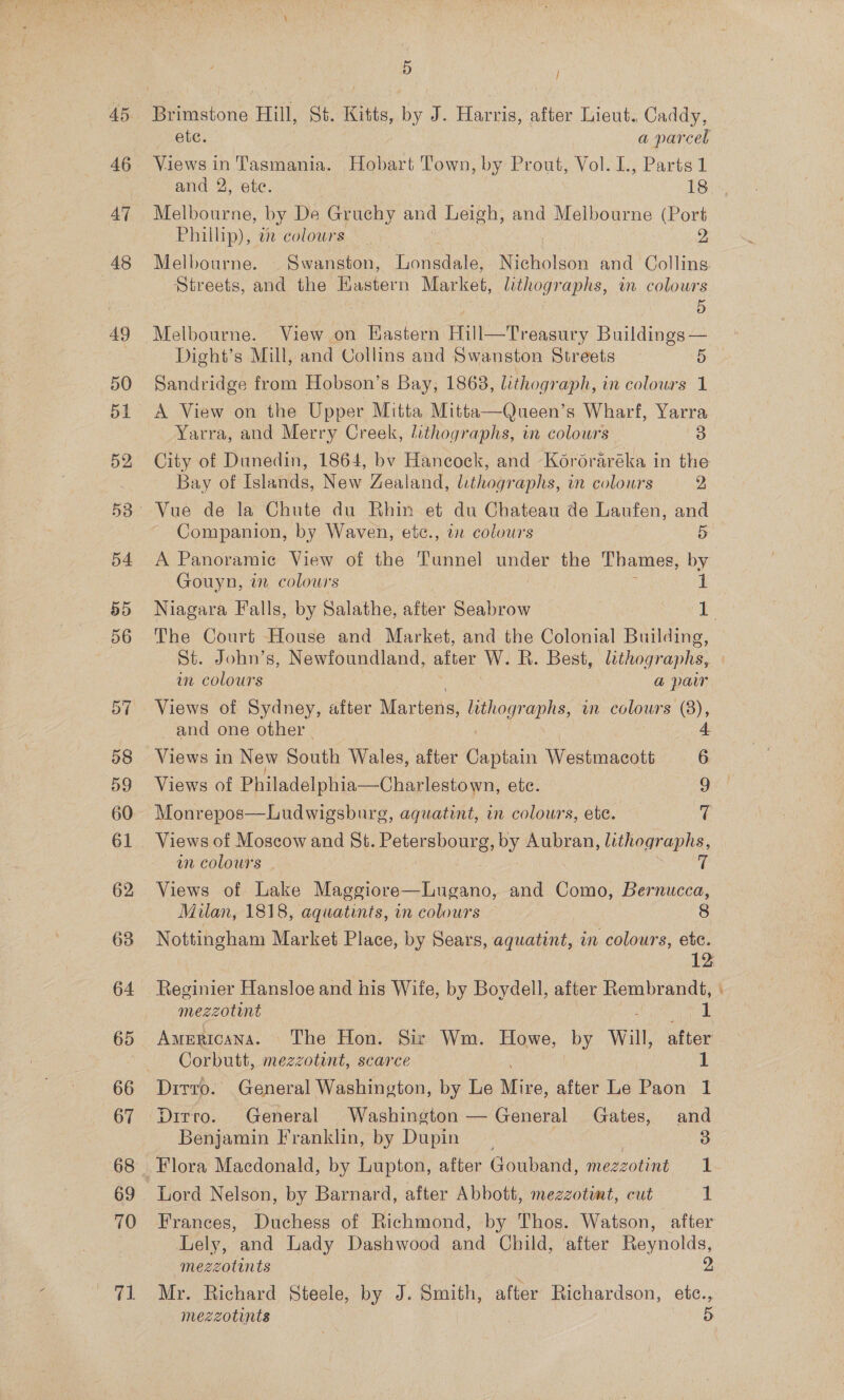 46 Views in Tasmania. Hobart Town, by Prout, Vol. I., Parts 1 and 2, ete. 18 Mowiour ne, by De Gruchy and Leigh, and Melbourne (Port Phillip), er colours 2 Streets, and the Kastern Market, lithographs, in colours | 5 Melbourne. View on HKastern Hill—Treasury Buildings— Dight’s Mill, and Collins and Swanston Streets 5 Sandridge from Hobson’s Bay, 1868, lithograph, in colours 1 A View on the Upper Mitta Mitta—Queen’s Wharf, Yarra Yarra, and Merry Creek, dithographs, in colours 3 City of Dunedin, 1864, bv Hancock, and -Kororaréka in the Bay of Islands, New Zealand, lithographs, in colours 2, Companion, by Waven, etc., a colowrs A Panoramic View of the Tunnel under the Tbames, ms Gouyn, in colowrs 1 The Court House and Market, and the Colonial Building, St. John’s, Newfoundland, after W. R. Best, lithographs, in colours a par Views of Sydney, after Martens, lithographs, wm colours ©). and one other Views in New South Wales, after Captain Westmacott : Views of Philadelphia—Charlestown, ete. 9 Monrepos—Ludwigsburg, aquatint, in colours, ete. ¢ Views of Moscow and St. Petersbourg, my, Aubran, lithographs, on colours - Views of Lake Maggiore—Lugano, and Como, Bernucca, Milan, 1818, aquatints, in colours 8 Nottingham Market Place, by Sears, aquatint, in colours, ete. Reginier Hansloe and his Wife, by Boydell, after Rembrandt, mezzotint : 1 Americana. The Hon. Sir Wm. Howe, by Will, after Corbutt, mezzotint, scarce | 1 Benjamin Franklin, by Dupin 3 Lord Nelson, by Barnard, after Abbott, mezzotint, cut 1 Lely, and Lady Dashwood and Child, after Reynolds, mezzotints 2 Mr. Richard Steele, by J. Smith, after Richardson, etc., mezzotints D ao