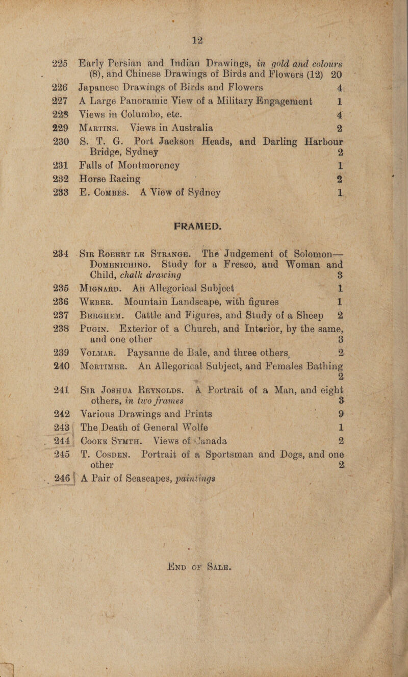 225 226 227 228 229 230 231 233 234 235 237 238 239 241 242 JAB 12 i (8), and Chinese Drawings of Birds and Flowers (12) 20 Japanese Draw ings of Birds and Flowers 4. A Large Panoramic View of a pedi Engagement _ 1 Views in Columbo, ete. : i’ Martins. Views in Australia eRe 9 S. T. G. Port Jackson Heads, and Darling Harbour Bridge, Sydney Falls of Montmorency Horse Racing E. Compes. A View of Briley eres Es FRAMED. Domentcuino. Study for a Fresco, and Woman and Child, chalk drawing | Re Miewarp. An Allegorical Subject | wera Weser. Mountain Landscape, with figures 1 Bercuem. Cattle and Figures, and Study ofa Sheep 2 Puen. Exterior of a Church, and Interior, by the same, and one other 3 Vormar. Paysanne de Bale, and three others, Ce Mortimer. An Allegorical Subject, and Females Bathing Sm Josaua Rayyonps. A Portrait of a Man, and eight others, in two frames | 3 The Death of General Wolfe 1 Cooxe Symru. Views of »’anada oy oe @ 2, other Env cr SAun.  bo  