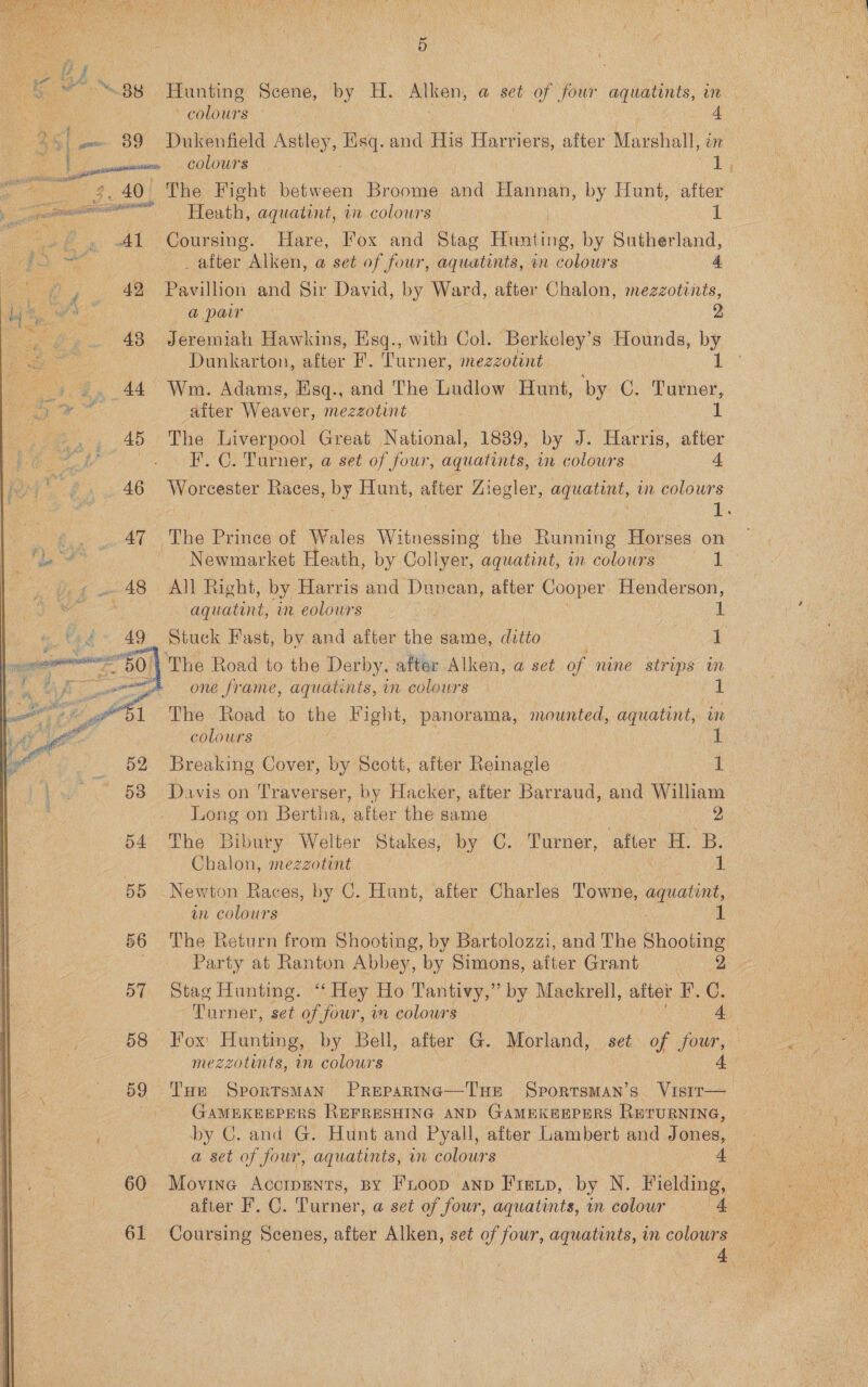  s BSl a 89 3.10) : Al 48 43 ab 46 ag 48 a. fesse 50 1 09 60 61  5 Hunting Scene, by H. Alken, a set of four aquatints, wm — 4 colours — Dukenfield Astley, net and His Harriers, after Marshall, im colours 1a The Fight between Broome and Hannan, by Hunt, after Heath, aquatint, viv colours i after Alken, @ set of four, aquatints, in colours 4. Pavillion and Sir David, by Ward, after Chalon, mezzotints, a paw 2 Jeremiah Hawkins, Hsq., with Col. Berkeley’s Hounds, by Dunkarton, after F. Turner, mezzotint f Wm. Adams, Hsq., and The Ludlow Hunt, by C. Turner, catter Weaver, mezzotint 1 The Liverpool Great National, 1839, by J. a after F.C. Turner, a set of four, aquatints, in colours t Worcester Races, py Hunt, after Zi egler, aquatint, wm colours ue “ihe Prince of Wales Witnessing the Running Horses on Newmarket Heath, by Collyer, aquatint, in colours i All Right, by Harris and Duncan, after Cooper Henderson, aquatint, mm eolours | 3 As Stuck Fast, by and after the same, ditto al The Road to the Derby. after Alken, a set. of mne strips wm one frame, aquatints, im colours a: The Road_ to the Fight, panorama, mounted, aquatint, in colours Breaking Cover, by Scott, after Reinagle | | 1 Davis on Traverser, by Hacker, after Barraud, and William Long on Bertha, after the same : 2 The Bibury Welter Stakes, by C. Turner, after H. B. Chalon, mezzotint 1 Newton Races, by C. Hunt, after Charles Towne, aquatint, in colours : 1 The Return from Shooting, by Bartolozzi, and The Shooting Party at Ranton Abbey, by Simons, after Grant Os Stag Hunting. ‘“‘ Hey Ho Tantivy,” by Mackrell, after F.C. Turner, set of four, in colours 4 Fox: Hunting, by Bell, after G. Morland, set of four, mezzotints, in colours + Tue Sportsman Prepartne—Tue Sprorrsman’s Visir—_ GAMEKEEPERS REFRESHING AND GAMEKEEPERS RETURNING, by C. and G. Hunt and Pyall, after Lambert and Jones, a set of fowr, aquatints, mm colours 4 Movine Acctpenrs, By Fuoop anp Fieip, by N. Fielding, after F. C. Turner, a set of four, aquatints, in colour 4 Coursing Scenes, after Alken, set of four, aquatints, in colours