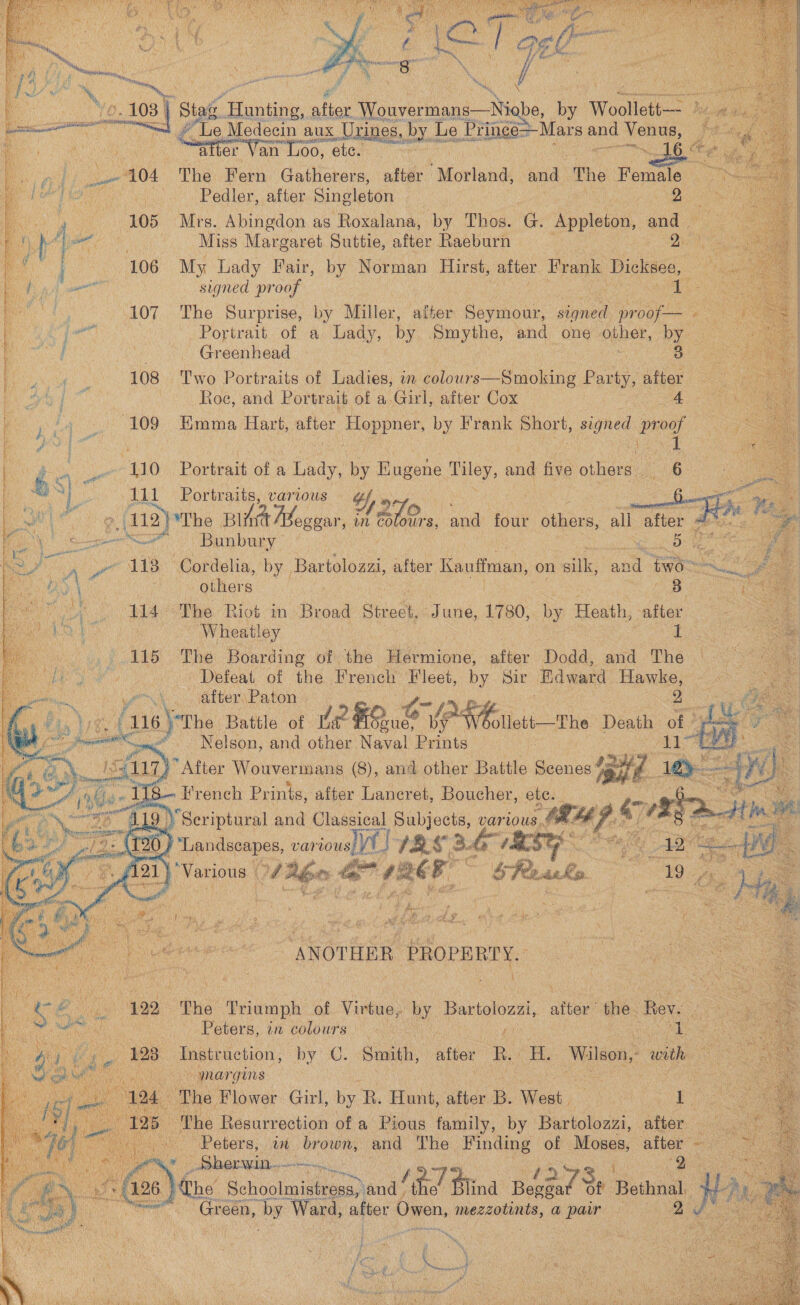                    | Stag. rnin, attor. Wouvermans—Ni be, by Woolloths ? ¥ Le, Medecin aux nes, by I Le Pringe&gt; Mars and ey ¢. . ng ns i 16 ¢ : Ge “after Van Loo, etc. The Fern Gatherers, after Woden and ‘The fone | Pedler, after Singleton | 2   Mrs. Abingdon as Roxalana, by Thos. G. ‘Appleton, a ee Miss Margaret Suttie, after Raeburn NS Sapoee ie My Lady Fair, by Norman Hirst, after Frank Diekae, Se : Lie signed proof ee a. ro hf 107 The Surprise, by Miller, after Seymour, signed proof oO [ aA =i Portrait of a Lady, by Smythe, and one other, by | | Oy AA erie ie Greenhead - 3 a aS 108 Two Portraits of Ladies, in colours—Smoking Party, after ee ae Roe, and Portrait of a Girl, after Cox 4 (109 Emma Hart, after ii ate by Frank paort, signed e's se 4 a ie 5 aii \ 3 i 3 8 | 110 Portrait af a Laas! by Pngone oe aa five others : : 111 Portraits, various Y, » samen 2 TTT ss PN ERR Rr te ce PRN ST TT AS aE 4 : Sp a ¥ pis - DereP ing *e     Z| 3 &gt; 112) *The Bist Thouars ae in 66 ours, and four others, all after a oe he ‘\ &amp; nS one Loa Bunbury 5 ig | Ss aa et 118 Cordelia, by Bartolozzi, after Kauffman, on silk: an ti Be : ae others . 3 ne 114° The Riot in Broad Street, June, 1780, by Heath, after 4 Wheatley 1 115 The Boarding of the Pend after Dodd, and The Defeat of the French Fleet, by Sir Edward Hawke, wer: after Paton ey a Sees [a8 me Battle of tae Fone PF ticit—the Death of *e &gt; stn : Nelson, and other Naval Prints : Oe ES y “ A 16) ~istiid) “After Wouvernians (8), and other Battle Scenes’ it ere, ASL ot As french Prints, aiter Laneret, Boucher, ete. ¢ We ee 119 11g) Seriptural and Classical Subjects, various.. w 2 pa 3 (1%) 120 } ‘Landscapes, var ious Yt (2S 34 com &lt;&lt; win ‘Various | it ibe s (265 SRraks.      PAS fi “ shies wae a he 7 ES ANOTHER : PROPERY Ye aie “12 The Triumph of Virtue, a Bartolozzi after the. ie uta ' Peters, in colours - al ars 123 Instruction, by ©. Smith, after a i, Wilson, : “with {3 ynargins | 24 The: Flower Girl, by R. Hunt, after B. Wiest hee 15° The Resurrection of a Pious family, by Bartolozzi, after ee | &gt; Peters; it brown, and The Finding of Moses, after - = i” BSE in. Ne ce Se, ; ‘sala ie ai iliay oe 5 eros i 6 \ fue Sohoolmiteea ands (ta Blina Bepgat Sh Bethnal, we Ps on te Green, by Ward, after Rigen ayconieamats a pain) 2S a ees