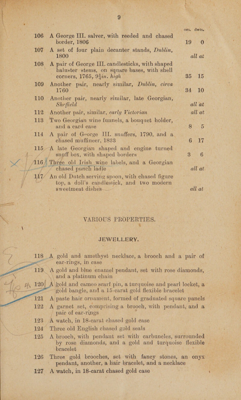  115 ae f Al6/ “uy gn?   119   126 127 tee, ozs. dwts A George III. salver, with reeded and chased | border, 1806 nt oa A set of four plain aecanter stands, Dublin, 1800 all at A pair of George III. candlesticks, with shaped _ baluster stems, on square bases, with shell — corners, 1765, Olin’ high — (8015 Another pair, nearly similar, Dublin, bide : 1760 . - 84 10 Another pair, nearly similar, late Georgian, | Sheffield all at Another pair, similar, early Victorian all at Two Georgian wine funnels, a bouquet holder, and a card case Orn A pair of George III. aration 1790, and a | chased muffineer, 1833 eG kG A late Georgian shaped and engine turned | snuff box, with shaped borders BG ‘ Three old Irish wine labels, and a a rergian 3 chased punch ladle all at An old Dutch serving spoon, with chased figure top, a doll’s candlestick, and two modern ) sweetmeat. dishes ! all at VARIOUS PROPERTIES. § JEWELLERY. ear-rings, In case A gold and blue enamel! pendant, set with rose diamonds, and a platinum chain gold bangle, and a 15-carat gold flexible bracelet A garnet set, comprising a brooch, with pendant, and a pair of ear-rings A watch, in 18-carat chased gold ease bracelet pendant, another, a hair bracelet, and a necklace A watch, in 18-carat chased gold case :