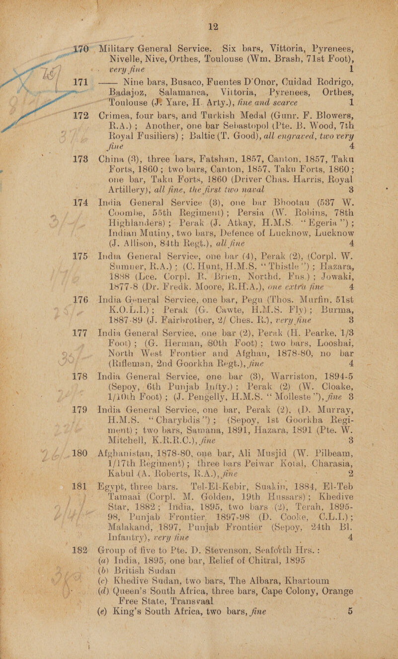   178 “174 175 176. ; 177 ° 178 a a 179 le 180 4 } of : 182 Military General Service. Six bars, Vittoria, Pyrenees, Nivelle, Nive, Orthes, Toulouse (Wm. Brash, 71st sas bery-fine Nine bars, Busaco, Fuentes D’Onor, Cuidad ae Badajoz, Salamanea, Vittoria, Pyrenees, Orthes, | “Toulouse (J? Yare, H. Arty.), fine and caeree 8 Crimea, four bars, and Turkish Medal (Gunr. F. Blowers, R.A.) ; Another, one bar Sebastopol (Pte. B. Wood, 7th Royal Fusiliers) ; Baltic (T. Good), all engraved, two very Sine ; 4 China (8), three bars, Fatshan, 1857, Canton, 1857, Taku Forts, 1860; two bars, Canton, 1857, Taku Forts, 1860; one bar, Taku Forts, 1860 (Driver Chas. Harris, Royal Artillery), all fine, the first two naval 3 India General Service (8), one bar Bhootau (587 W. .~ Coombe, 55th Regiment) : Persia (W. Robins, 78th Highlanders) ;. Perak (J. Atkay, H.M.S.. ‘‘ Egeria ’’) ; Indian Mutiny, two bars, Defence of Lucknow, Lucknow (J. Allison, 84th Reet.), all fine 4 India General Service, one bar (4), Perak (2), (Corpl. W. Sumner, R.A.); (C. Hunt, H.M.8. “ Thistle’’); Hazara, 1888 (Lee. Corpl. R. fener: Northd. ae Jowaki, 1877-8 (Dr. Fredk. Moore, R. it. A.), one extra fine 4  K.O.L.1.); Perak (G. Cawte, HUM.S. Fly); ‘Berma, 1887-89 (J. Fairbrother, 2/ Ches. R.), very fine 3 India General Service, one bar (2), Perak (H. Pearke, 1/8 Foot); (G. Herman, 80th Foot); two bars, Looshai, North West Frontier and Afghan, 1878-80, no bar (Rifleman, 2nd Goorkha Regt.), fine 4 India General Service, one bar (8), Warriston, 1894-5 (Sepoy, 6th Punjab Infty.); ‘Perak (2). (W. ae 1/i0th Foot) ; (J. Pengelly, H.M.S. ‘‘ Molleste’’), fine 8 India General Service, one bar, Perak (2), (D. Murray, H.M.8.. “Charybdis’’); (Sepoy, ist Goorkha . Regi- ment) ; two bars, Ce | 1891, Hazara, 1891 (Pte. W. Mitchel l, K.R.R.C.), fine oF Afghanistan, 1878-80, one bar, Ali Masjid ww. Pilbeam, 1/17th Regiment) ; three bars Peiwar Kotal, Charasia, Kabul (A. Roberts, R.A.), fine ON 2 Tamaai (Corpl. M. Golden, 19th Hussars); Khedive Star, 1882';” India, 1895, two bars .(2), Terah, 1895- 98, Punjab Frontier, 1897-98 (D. Cooke, C.L.1.); Malakand, 1897, Punjab Frontier (Sepoy, 24th Bl. Infantry), very fine | 4 Group of five to Pte. D. Stevenson, Seaforth Hrs. (a) India, 1895, one bar, Relief of Chitral, 1895 (c) Khedive Sudan, two bars, The Albara, Khartoum Free State, Trans raat