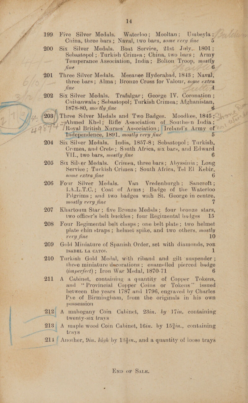  tata a Was SENG) ESE ae een A 14 se ; of ; , ii y Vid 199. Five Silver Medals. Waterloo; Mooltan; Umbeyla; ‘ &amp; Cima, three bars; Naval, two bars, some very fine 5 fore 900 Six Silver Medals. Boat Service, 2Ilst July,. 1801; ys . Sebastopol ; Turkish Crimea; China, two bars; Army f Temperance Association, Indias Bolton Troop, mostly jine | 6 201 Three Silver Medals. Meeanee Hyderabad, 18413; Naval, three bars; Alma; Bronze Cross for Valour, some extra jine web pe bog k ‘202 Six Silver Medals. Trafalgar ; George IV. Coronation ; Cinbanwala ; Sebastopol; Turkish Crimea; Afghanistan, 1878-80, mos ‘tly fine o- /203/\'Three Silver Medals and ‘Two Badges. Moodkee, 184552) “co, <pAhmed Khel; Rifle Association of, Southern India; . Lab) / Royal British Nurses’ Association ; ‘Treland’ s Army of fs Tndependence, 1891, mostly very fine si 9) 204 Six Silver Medals. India, 1857-8 ; Sebastopol ; Turkish, Crimea, and Crete; S: ih Abn, six bars, and Edward VII., two bars, mostly fine 6 205 Six Siler Medals. Crimea, three bars; Abyssinia; Long Service; Turkish Crimea; South Neaeat Tel El Kebir, | some extra fine 6 ‘ 206 Four Silver Medals. Van Vredenburgh; Sancroft ; [.A.L.T.C.; Coat of Arms; Badge of the Waterioo Pilgrims ; ana two badges with St. George 1 in centre, mostly very fine — . ‘207 Khartoum Star; five Bronze Medals; four bronze stars, two officer’s belt buckles; four Regimental badges 15. 208 Four Regimental belt clasps ; one belt plate; two helmet plate chin straps; helmet spike, and two others, mostly | rery fine | 10 209 Gold Miniature of Spanish Order, set with diamonds, Por ISABEL LA CATO! : 1 3 210) «~Turkish Gold Medal, with riband and. gilt ~suspender ; three miniature decorations ; enamelled pierced badge (amperfect) ; Iron War Medal, 1870-71 6 ‘211 A Cabinet, containing a quantity of Copper Tokens, and ‘* Provincial Copper. Coins or Tokens’ issued,  ru oe between the years 1787 and 1796, engraved by Charles a Pve of Birmingham, from the originals in his own possession 3 212) A mahogany Coin Cabinet, 28in. by 17in. containing twenty-six trays 213. A maple wood Coin Cabinet, l6in. by 152%in., containing f ~ trays i gpa eS LOE ee eran 214° Another, Yin. high by 133/n., and a quantity of loose trays ENp oF Sate.