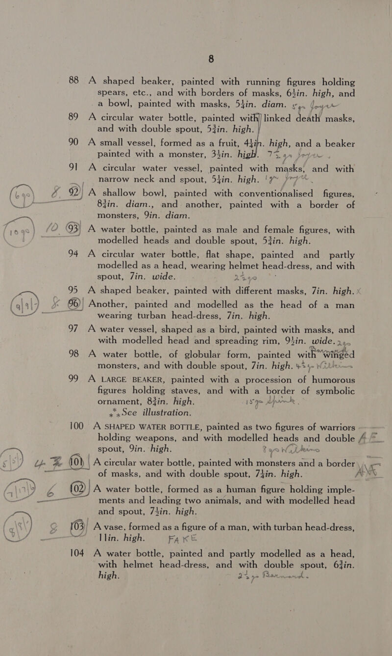 88 A shaped beaker, painted with running figures holding spears, etc., and with borders of masks, 64in. high, and a bowl, painted with masks, 5Lin. diam. ty ] Jw Nt oy t ] linked death masks, 89 A circular water bottle, painted wit and with double spout, 53in. high. 90 A small vessel, formed as a fruit, 44in. painted with a monster, 34in. hi   = high, ang a beaker cs 47a wy] 91 A circular water vessel, painted wi masks! i with narrow neck and spout, 5tin. high. '¥~ /77* wa 2) A shallow bowl, painted with conventonabeed figures, La 83in. diam., and. another, painted with a border of monsters, Jin. diam. O 63) A water Bowles painted as male and female figures, with modelled heads and double spout, 53in. high. 94 A circular water bottle, flat shape, painted and _ partly modelled as a head, wearing helmet head- dress, and with spout, Jin. wide. 2440 95 A shaped beaker, painted with Aficrent masks, Zin. high.» (alal? 66)| Another, painted and modelled as the head of a man EE wearing turban head-dress, Zin. high. 97 A water vessel, shaped as a bird, painted with masks, and with modelled head and spreading rim, 94in. wide. »,. 98 A water bottle, of globular form, painted with “Witiged monsters, and with double spout, Zin. high. 3 4 Witter 99 A LARGE BEAKER, painted with a procession of humorous figures holding staves, and with a border of symbolic ornament, 83in. high. Is ge Je ate x x 0¢e illustration. 100 A SHAPED WATER BOTTLE, painted as two figures of warriors holding weapons, and with Raaeeucd heads and double /- ~ 62) } spout, Qin. high. Fare Woden sey &amp; Ye | (Oh | A circular water bottle, painted with monsters anda border v9 4 _ of masks, and with double spout, 74in. high. PENS _ oD 6 &amp; A water bottle, formed as a human figure holding imple- &lt; bs ments and leading two animals, and with modelled head vom and spout, 73in. high. 2) &lt;, (63) A vase. formed as a paul of aman, with turban head: dress, IY I Lin, high: Fa re 104. A water bottle, painted and partly modelled as a head, with helmet head-dress, and with double spout, 63in. high. oe eA p&gt; Ranma.