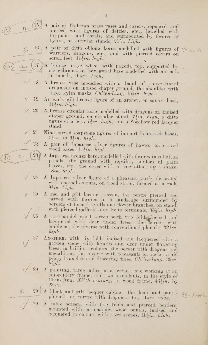 | (15; A pair of Thibetan brass vases and covers, repoussé and (22) | it pierced with figures of deities, etc., jewelled with : turquoises and corals, and surmounted by figures of kylins, on circular stands, 2lin. high. “ 16/A pair of ditto oblong koros modelled with figures of —— warriors, dragons, etc., and with pierced covers on Pte ce scroll feet, lldin. high. GD) vee Nd, YA bronze prayer-wheel with pagoda top, supported by oe Ne ia columns, on hexagonal base modelled with animals | in panels, 1647n. high. * “‘¥ 18 &lt;A bronze vase modelled with a band of conventional ornament on incised diaper ground, the shoulder with three kylin masks, Ch’ten-lung, 154in. high. vy 19 An early gilt bronze figure of an archer, on square base, I1din. hagh.. | Y, 20 A bronze circular koro modelled with dragons on incised diaper ground, on circular stand. 74in. high, a ditto figure of a boy, Tin. high, and a Soochow red lacquer stand. ~ 21 Nine carved soapstone figures of immortals on rock bases, og7n. to 64in. high. © A en &lt;A pair of Japanese silver ficures of hawks. on carved Pp Dp 2 : &gt; wood bases, lldin. high. G S10. (23) A Japanese bronze koro, modelled with figures in relief, in eee Oe panels, the ground with reptiles, borders of palm leaves, etc., the cover with a frog attacking a snake, ; 18im. hagh. V 24 A Japanese silver figure of a pheasant partly decorated with enamel colours, on wood stand, formed as a rock, 9din. hagh. | Y 25 A red and gilt lacquer screen, the centre pierced and carved with figures in a landscape surrounded by borders of formal scrolls and flower branches, on stand, with pierced galleries and kylin terminals, 334in. high. 26 A coromandel wood screen with two foldgzincised and lacquered with deer under trees, the order with emblems, the reverse with conventional pheonix, S250. high. &lt;7 ANOTHER, with six folds incised and lacquered with a trees, in brillant colours, the border with dragons and medallions, the reverse with pheasants on rocks, amid peony branches and flowering trees, Ch’ien-lung, 39in. high. \/ 28 A painting, three ladies on a terrace, one working at an embroidery frame, and two attendants, in the style of Chin-Ting, XVth century, in wood frame, 43din. by ! Rosin. %. 29 | A black and gilt lacquer cabinet, the doors and panels ——-— _ pierced and carved with dragons, etc., 1l4in. wide. f / 30 &lt;A table screen, with -five folds and pierced borders, mounted. with coromandel wood panels, incised and lacquered in colours with river scenes, 18tin. high. Set if «Fe ny } . nate a