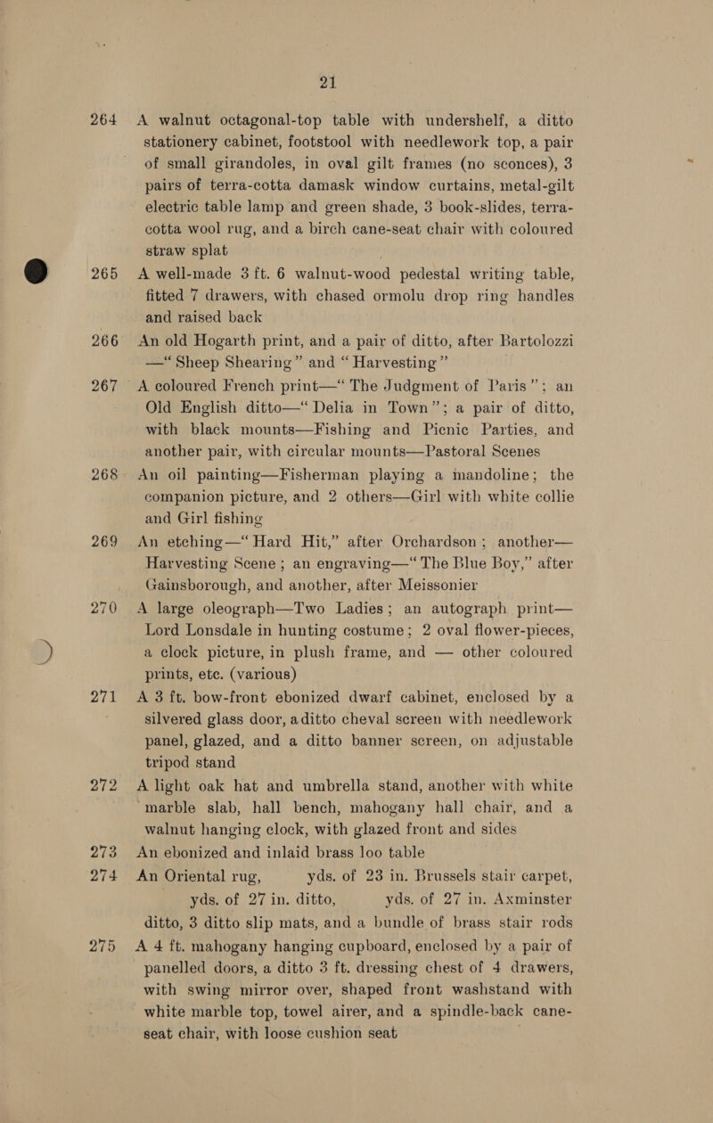 264 265 266 267 268 271 21 A walnut octagonal-top table with undershelf, a ditto stationery cabinet, footstool with needlework top, a pair of small girandoles, in oval gilt frames (no sconces), 3 pairs of terra-cotta damask window curtains, metal-gilt electric table lamp and green shade, 3 book-slides, terra- cotta wool rug, and a birch cane-seat chair with coloured straw splat , A well-made 3 ft. 6 walnut-wood pedestal writing table, fitted 7 drawers, with chased ormolu drop ring handles and raised back An old Hogarth print, and a pair of ditto, after Bartolozzi —‘“ Sheep Shearing” and “ Harvesting” | A coloured French print—‘ The Judgment of Paris”; an Old English ditto—‘“ Delia in Town”; a pair of ditto, with black mounts—Fishing and Picnic Parties, and another pair, with circular mounts—Pastoral Scenes An oil painting—Fisherman playing a mandoline; the companion picture, and 2 others—Girl with white collie and Girl fishing An etching—“ Hard Hit,” after Orchardson ; another— Harvesting Scene ; an engraving—“ The Blue Boy,” after Gainsborough, and another, after Meissonier A large oleograph—Two Ladies; an autograph print— Lord Lonsdale in hunting costume; 2 oval flower-pieces, a clock picture, in plush frame, and — other coloured prints, etc. (various) A 3 ft. bow-front ebonized dwarf cabinet, enclosed by a silvered glass door, aditto cheval screen with needlework panel, glazed, and a ditto banner screen, on adjustable tripod stand ‘marble slab, hall bench, mahogany hall chair, and a walnut hanging clock, with glazed front and sides An ebonized and inlaid brass loo table An Oriental rug, yds. of 23 in. Brussels stair carpet, yds. of 27 in. ditto, yds. of 27 in. Axminster ditto, 3 ditto slip mats, and a bundle of brass stair rods A 4 ft. mahogany hanging cupboard, enclosed by a pair of with swing mirror over, shaped front washstand with white marble top, towel airer, and a spindle-back cane- seat chair, with loose cushion seat |