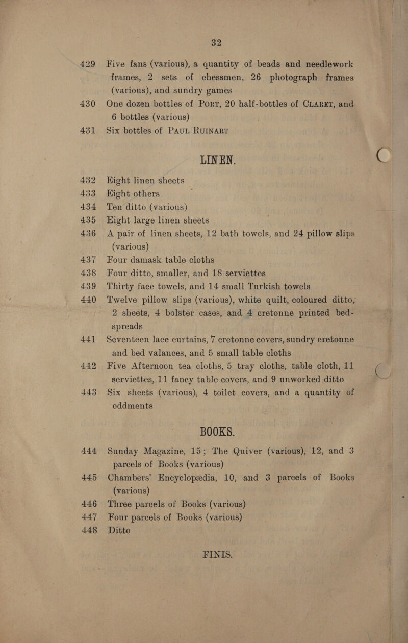 430 431 432 433 434 435 436 437 438 439 440 441 4.4.2 443 +44 445 446 447 448 32 Five fans (various), a quantity of beads and needlework frames, 2 sets of chessmen, 26 photograph frames (various), and sundry games 6 bottles (various) Six bottles of PAUL RUINART LIN EN. Eight linen sheets Hight others Ten ditto (various) Hight large linen sheets A pair of linen sheets, 12 bath towels, and 24 pillow slips (various) Four damask table cloths Four ditto, smaller, and 18 serviettes Thirty face towels, and 14 small Turkish towels 2 sheets, 4 bolster cases, and 4 cretonne printed bed- spreads ~ Seventeen lace curtains, 7 cretonne covers, sundry cretonne and bed valances, and 5 small table cloths Five Afternoon tea cloths, 5 tray cloths, table cloth, 11 serviettes, 11 fancy table covers, and 9 unworked ditto Six sheets (various), 4 toilet covers, and a quantity of oddments BOOKS. Sunday Magazine, 15; The Quiver (various), 12, and 3 parcels of Books (various) Chambers’ Encyclopedia, 10, and 3 parcels of Books (various) Three parcels of Books (various) Four parcels of Books (various) Ditto FINIS.