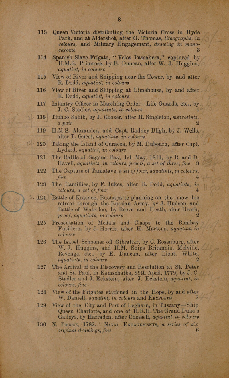 Park, and at Aldershot, after G. Thomas, lithographs, in ~~ colours, and Military ‘Engagement, drawing in: mono= ~ J 8 Yee RrO me Ser 114 Spanish Slave Frigate, “ Velos Passahera,” captured - by - -‘ALLM.S. Primrose, by E. Duncan, after W.. J. Huggins, aquatint, tn colours | 115 View of River and Shipping near aie ower, hy and nten eae R. Dodd, aquatint; in colours de i 116 View of River and Shipping at Limehouse, by and after ek R. Dodd, aquatint, in colours a 117 Infantry Officer in Marching Order—Life Gans, etc., by. Oe J.C. Stadler, aquatints, in colours Cok |. 118] Tiphoo Sahib, by J. Grozer, after H. Singleton, mezzotints, Sone i a paw 2 : ee 119 H.M.S. Alexander, and Capt. Rodney Bligh, by a: Wells, after T. Guest, aquatints, in colours *- 120 Taking the Island of Curacoa, by M. Dubourg, after Capt. | Lydard, aquatint, m colours 121 The Battle of Sagone Bay, 1st May, 1811, by R. and D. a Havell, aquatints, in colours, proofs, a set of three, fine 3° Paar. | eS 122 The Capture of Tamatave, a set of four, si Se ce a colours, Seta : fine 2S RE ae ' 123 The Ramilles, . F. Inkes, after R.. Dodd, aquatints, oe ak : colours, a set of four = 4 3 ; . 124 Battle of Krasnoe, Buonaparte planning on the snow his retreat through the Russian Army, by J. Hudson, and Battle of Waterloo, by Reeve and Heath, after Heath, : proof, aquatints, in colours A (125 Presentation of Medals and Clasps to the Bombay - ; Fusiliers, by J. Harris, after H. sesdeety ‘gee oh sie i  | “colours ck ‘ 126 The Isabel Schooner off Gibraltar, By C: Rosenburg, after Renae W. J. Huggins, and H.M. Ships Britannia, Melville, &lt;&lt; .. Revenge, ete., by E. Duncan, after Honk White, : A. ek aquatints, in colours | 2 Ca | 127. The Arrival of the Discovery and Resolution’ at St. Peter ie | and St. Paul, in Kamschatka, 29th April, 1779, by J.C... - Stadler and J. Kekstein, after J. Eckstein,. ge Bite. fs \ oe colours, fine - aa 128 View of the Frigates gintioned in “the Hope, iy and after W. Daniell, aquatint, in colours and Kmypuare . 2% 129 View of the City and Port of Leghorn, in Tuseany—Ship Queen Charlotte, and one of H.R.H.The Grand Duke’s Galleys, by Harraden, after Chessell, aquatint, in colours me 130 N. Pocock, ‘1782. ‘ Navan ENGAGEMENTS, a series of Six or ines dr ayn Jine 