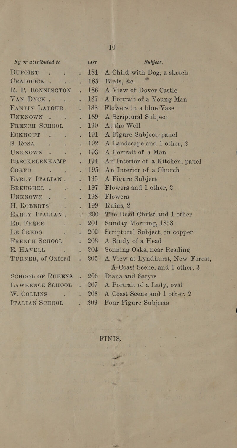 DUPOINT CRADDOCK . R. P. BONNINGTON VAN DYCK . FANTIN LATOUR. UNKNOWN FRENCH SCHOOL ECKHOUT S. ROSA UNKNOWN BRECK ELENKAMP CORFU ; EARLY ITALIAN. BREUGHEL . UNKNOWN H. ROBERTS HARLY ITALIAN . Kip. FRERE LE CREDO FRENCH SCHOOL K. HAVELL TURNER, of Oxford SCHOOL OF RUBENS LAWRENCE SCHOOL W. COLLINS ITALIAN SCHOOL 10 A Child with Dog, a sketch Birds, &amp;c. “™ A View of Dover Castle A Portrait of a Young Man Flowers in a blue Vase A Scriptural Subject At the Well A Figure Subject, panel A Landscape and 1 other, 2 A Portrait of a Man An Interior of a Church A Figure Subject Flowers and 1 other, 2 Flowers Ruins, 2 Five Ded@ Christ and 1 other Sunday Morning, 1858 Scriptural Subject, on copper A Study of a Head Sonning Oaks, near Reading Diana and Satyrs A Portrait of a Lady, oval A Coast Scene and 1 other, 2 Four Figure Subjects