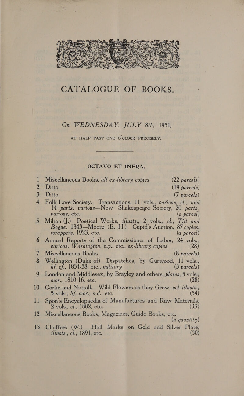 Wi A ANNs (B35 alt Era soar VRS ye we De S vj,  CATALOGUE OF BOOKS. On WEDNESDAY, JULY 8th, 1931, AT HALF PAST ONE OCLOCK PRECISELY.  OCTAVO ET INFRA. Miscellaneous Books, all ex-library copies (22 parcels) Folk Lore Society. Transactions, 11 vols., various, cl., and 14 parts, various—New Shakespeare Society, 20 parts, various, etc. (a parcel) Milton (J.) Poetical Works, illusts., 2 vols., el., Tilt and Bogue, 1843—Moore (E. H.) Cupid's Auction, 87 copies, wrappers, 1923, etc. (a parcel) Annual Reports of the Commissioner of Labor, 24 vols., various, Washington, v.y., etc., ex-library copies (28) Miscellaneous Books (8 parcels) Wellington (Duke of) Dispatches, by Gurwood, 11 vols., hf. cf., 1834-38, etc., military (3 parcels) London and Middlesex, by Brayley and others, plates, 5 vols., mor., 1810-16, etc. (28) Corke and Nuttall. Wild Flowers as they Grow, col. illusts., 5 vols., Af. mor., n.d., etc. (34) Spon’s Encyclopaedia of Manufactures and Raw Materials, 2 vols., c/., 1882, etc. (33) Miscellaneous Books, Magazines, Guide Books, ete. (a quantity) Chaffers (W.) Hall Marks on Gold and Silver Plate, illusts., cl., 1891, etc. (30)