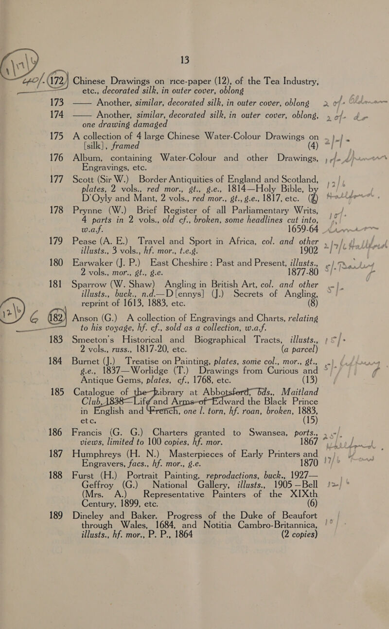 “40/-(172) C hinese Drawings on rice-paper (12), of the Tea Industry, = etc., decorated silk, in outer cover, oblong 173 Another, similar, decorated silk, in outer cover, oblong 174 Another, similar, decorated silk, in outer cover, oblong, one drawing damaged   [silk], framed 176 Album, containing Water-Colour and other Drawings, Engravings, etc. 177. Scott (Sir W.) Border Antiquities of England and Scotland, D’Oyly and Mant, 2 vols., red mor., st., 8.e., 1817, etc. 178 Prynne (W.) Brief Register of all Parliamentary Writs, parts in 2 vols., old cf., broken, some headlines cut into, was. 1659-64 war 179 Pease (A. E.) Travel and Sport in Africa, col. and other , j_/, ¢). si/. illusts., 3 vols., hf. mor., t.e.g. 1902 “/7/e™ 2 vols., mor., gt., g.e. -80 181 Sparrow (W. Shaw) Angling in British Art, col. and other illusts., buck., n.d.—D[ennys] (J.) Secrets of Angling, reprint of 1613, 1883, etc. (8) \ | \&gt;\ G 82) Anson (G.) A collection of Engravings and Charts, relating - to his voyage, hf. cf., sold as a collection, w.af. 183. Smeeton’s Historical and Biographical Tracts, illusts., ; 2 vols., russ., 1817-20, etc. (a parcel) 184 Burnet (J.) Treatise on Painting, plates, some col., mor., gt... g.e., 1837—Worlidge (T.) Drawings from Curious and ~ Antique Gems, plates, cf., 1768, etc. ) 185 Catalogue of t ibrary Aree ee cee Maitland Club, —Liffand Ar ward the Black Prince in English and ch, one /. torn, hf. roan, broken, BES CCUG. views, limited to 100 copies, hf. mor. 187 Humphreys (H. N.) Masterpieces of Early mse ape Engravers, facs., hf. mor., g.e. 188 Furst (H.) Portrait Painting, reproductions, buck., 1927— Geffroy (G.) National Gallery, illusts., 1905 —Bell (Mrs. A.) Representative Painters of the XIXth Century, 1899, etc. (6) 189 Dineley and Baker. Progress of the Duke of Beaufort through Wales, 1684, and Notitia Cambro-Britannica, illusts., hf. mor., P. P., 1864 (2 copies)