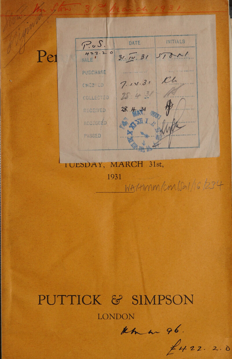         ee, |  INITIALS | is ° ° aay £ 422-2. © — / - Pe i SALE . aA oo ae ) PURCHASE     3 LUBSDAY, MARCH) 3lst, 1931  } pp } : 4 a oe f AL AB iXA ff a ie j iD ee WET (om bal (i&gt; [e657 ARAU ESE OO AUR Ae ose e LONDON hh a~ 9 és EL 22S 