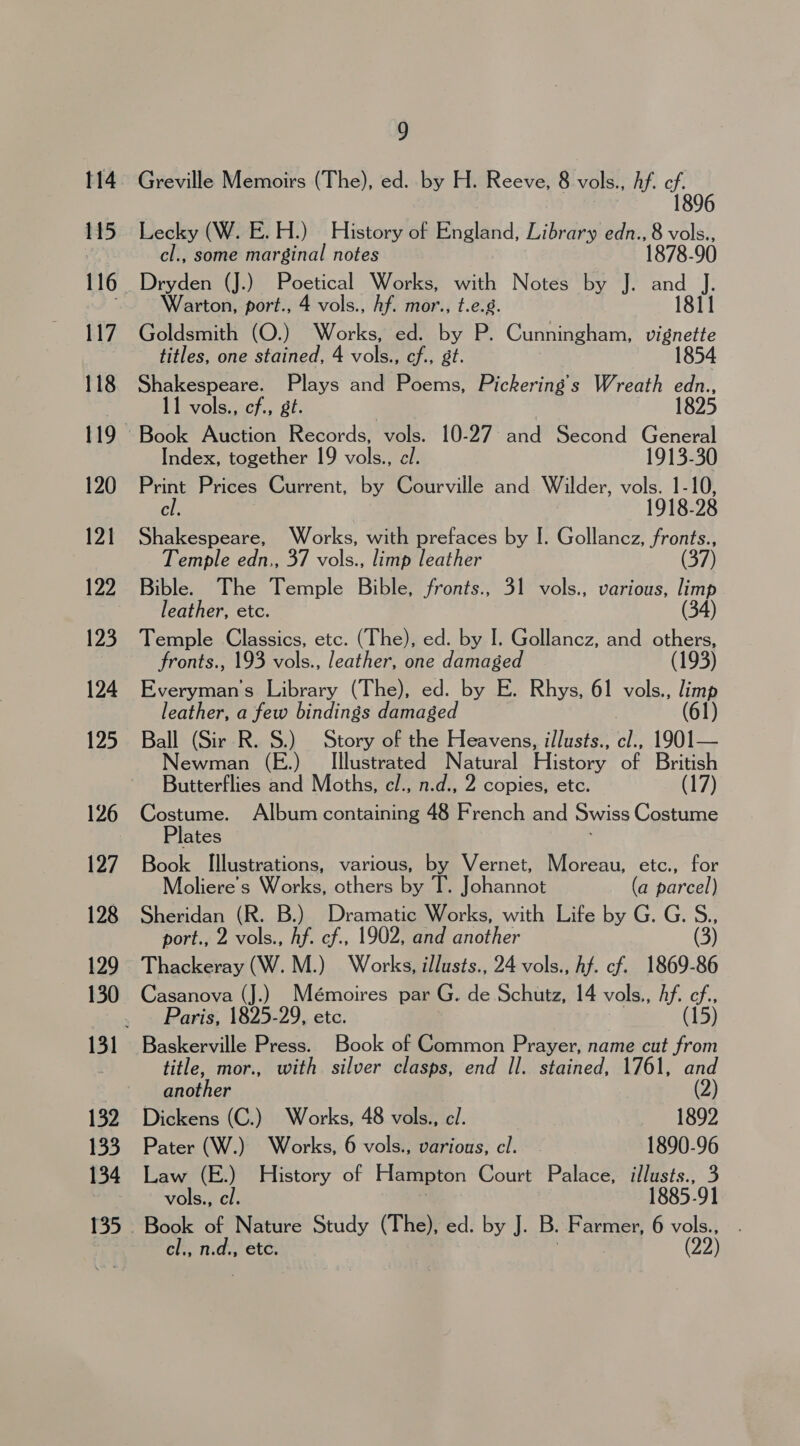 114 115 116 117 118 119 120 121 129 123 124 125 126 127 128 129 132 133 134 9 Greville Memoirs (The), ed. by H. Reeve, 8 vols., Af. ie: rae (W. E.H.) History of England, Library edn., 8 they , some marginal notes 1878-90 Bie (J.) Poetical Works, with Notes by J. aS ii Warton, port., 4 vols., Af. mor., t.e.g. Goldsmith (O.) Works, ed. by P. Cunningham, ae titles, one stained, 4 Lae cf., at. 1854 Shakespeare. Plays and Poems, Pickering’s Wreath Hae 5 1 vols., cf., gt. Index, together 19 vols., cl. 1913-30 Print Prices Current, by Courville and Wilder, vols. 1-10, cl. , 1918-28 Shakespeare, Works, with prefaces by I. Gollancz, fronts., Temple edn., 37 vols., limp leather (37) Bible. The Temple Bible, fronts., 31 vols., various, limp leather, etc. (34) Temple Classics, etc. (The), ed. by I. Gollancz, and others, fronts., 193 vols., leather, one damaged (193) Everyman's Library (The), ed. by E. Rhys, 61 vols., limp leather, a few bindings damaged (61) Ball (Sir R. S.) Story of the Heavens, illusts., cl., 1901— Newman (E.) _ Illustrated Natural History of British Butterflies and Moths, cl., n.d., 2 copies, etc. (17) Costume. Album containing 48 French and Swiss Costume Plates Book Illustrations, various, by Vernet, Moreau, etc., for Moliere’'s Works, others by T. Johannot (a parcel) Sheridan (R. B.) Dramatic Works, with Life by G. G. S., port., 2 vols., hf. cf., 1902, and another (3) Thackeray (W.M.) Works, illusts., 24 vols., hf. cf. 1869-86 Casanova (J.) Mémoires par G. de Schutz, 14 vols., Af. He Paris, 1825-29, etc. (15) Baskerville Press. Book of Common Prayer, name cut from title, mor., with silver clasps, end ll. stained, 1761, and another (2) Dickens (C.) Works, 48 vols., cl. 1892 Pater (W.) Works, 6 vols., various, cl. - 1890-96 Law (E.) History of Hampton Court Palace, illusts., 3 vols., cl. 1885-91 cl., n.d., etc. )