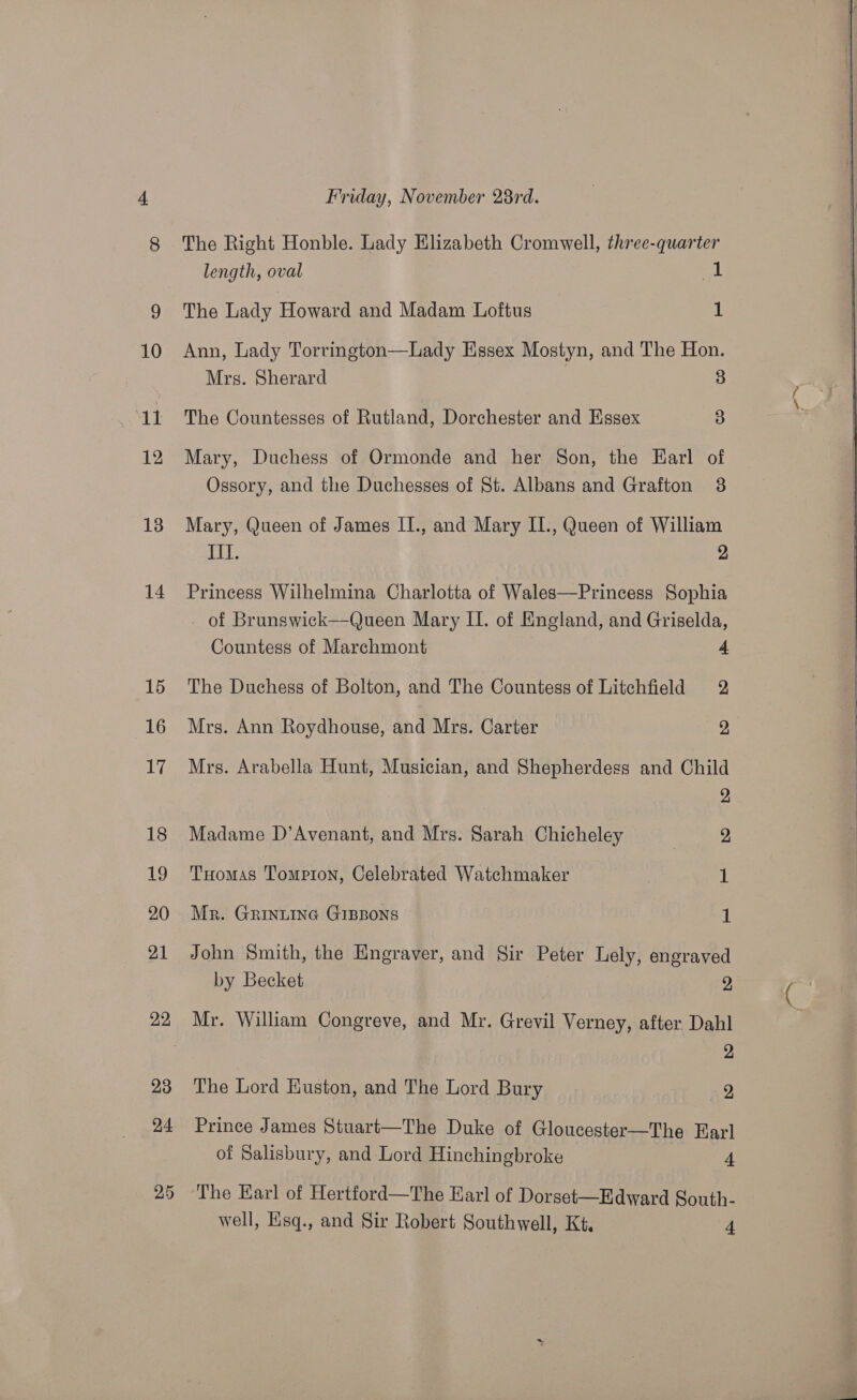 13 14 Friday, November 28rd. The Right Honble. Lady Elizabeth Cromwell, three-quarter length, oval ol The Lady Howard and Madam Loftus 1 Ann, Lady Torrington—Lady Essex Mostyn, and The Hon. Mrs. Sherard 3 The Countesses of Rutland, Dorchester and Essex 4) Mary, Duchess of Ormonde and her Son, the Earl of Ossory, and the Duchesses of St. Albans and Grafton 3 Mary, Queen of James IT., and Mary II., Queen of William HER 2 Princess Wilhelmina Charlotta of Wales—Princess Sophia of Brunswick—Queen Mary II. of England, and Griselda, Countess of Marchmont 4 The Duchess of Bolton, and The Countess of Litchfield 2 Mrs. Ann Roydhouse, and Mrs. Carter ae Mrs. Arabella Hunt, Musician, and Shepherdess and Child 7 2 Madame D’Avenant, and Mrs. Sarah Chicheley 2 THOMAS Tompton, Celebrated Watchmaker | 1 Mr. GRINLING GIBBONS 1 John Smith, the Engraver, and Sir Peter Lely, engraved by Becket 2 2 The Lord Huston, and The Lord Bury | 2 Prince James Stuart—The Duke of Gloucester—The Earl of Salisbury, and Lord Hinchingbroke 4 The Earl of Hertford—The Earl of Dorset-—Edward South-  
