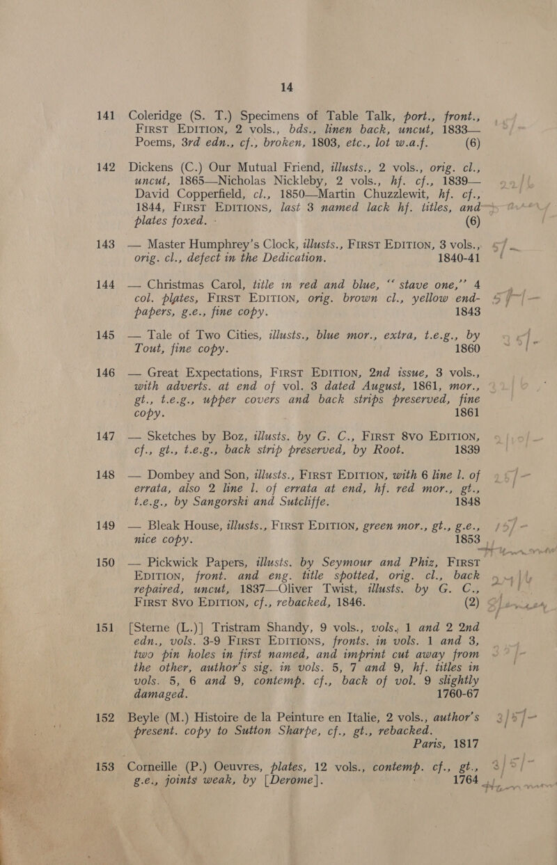 141 142 143 144 145 146 147 148 149 150 151 152 153 14 Coleridge (S. T.) Specimens of Table Talk, port., front., First EDITION, 2 vols., bds., linen back, uncut, 1833— Poems, 37rd edn., cf., broken, 1808, etc., lot w.a.f. (6) Dickens (C.) Our Mutual Friend, illusts., 2 vols., orig. cl., uncut, 1865—Nicholas Nickleby, 2 vols., hf. cf., 1839— David Copperfield, cl., 1850—Martin Chuzzlewit, hf. cf., 1844, First Epitions, last 3 named lack hf. titles, and plates foxed. - : (6) orig. cl., defect in the Dedication. 1840-41 — Christmas Carol, title in red and blue, “* stave one,’ 4 col. plates, First Epition, ong. brown cl., yellow end- papers, g.e., fine copy. 1843 — Tale of Two Cities, idlusts., blue mor., extra, t.e.g., by Tout, fine copy. 1860 — Great Expectations, First EDITION, 2nd issue, 3 vols., with adverts. at end of vol. 3 dated August, 1861, mor., gt., t.e.g., upper covers and back strips preserved, fine copy. 1861 — Sketches by Boz, illusts. by G. C., First 8vo EDITION, cf., gt., t.e.g., back strip preserved, by Root. 1839 — Dombey and Son, illusts., First EDITION, with 6 line l. of errata, also 2 line 1. of errata at end, hf. red mor., gt., _t.e.g., by Sangorski and Sutcliffe. 1848 — Bleak House, tllusts., FIRST EDITION, green mor., gt., g.é., — Pickwick Papers, dlusts. by Seymour and Phiz, First Epition, front. and eng. title spotted, orig. cl., back vepaived, uncut, 1837—Oliver Twist, tllusts. by G. C., First 8vo Epition, cf., rebacked, 1846. (2) [Sterne (L.)] Tristram Shandy, 9 vols., vols, 1 and 2 2nd edn., vols. 3-9 First EpITiIons, fronts. in vols. 1 and 3, two pin holes in first named, and imprint cut away from the other, author's sig. in vols. 5, 7 and 9, hf. titles in vols. 5, 6 and 9, contemp. cf., back of vol. 9 slightly damaged. 1760-67 Beyle (M.) Histoire de la Peinture en Italie, 2 vols., author's present. copy to Sutton Sharpe, cf., gt., rebacked. Paris, 1817 Corneille (P.) Oeuvres, plates, 12 vols., contemp. Cf, fb. g.e., joints weak, by |Derome]. 1764 ||