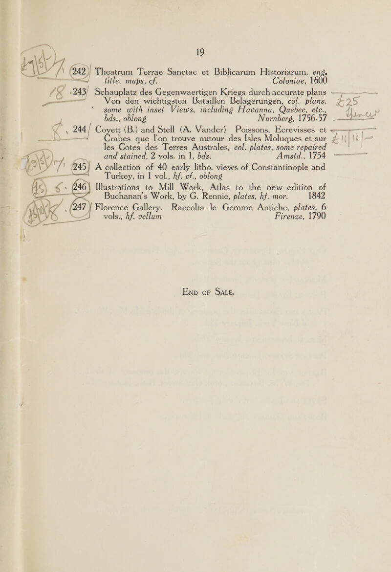 AD) 19 } Vy Fy e\\ 242) 1 Theatrum Terrae Sanctae et Biblicarum Historiarum, enge i </ title, maps, cf. Coloniae, 1600 4 243) Schauplatz des Gegenwaertigen Kriegs durch accurate plans —_— — on den wichtigsten Bataillen Belagerungen, col. plans, f 2 5 some with inset Views, including Havanna, Quebec, etc., {) 4 bds., oblong Nurnberg, 1756-57 — 2 C/ . 244 Coyett (B.) and Stell (A. Vander) Poissons, Ecrevisses et ———-— in — iA les Cotes des Terres Australes, col. plates, some repaire . e \e \? lf and stained, 2 vols. in 1, bds. Ans, 14 uy pwn / \ (245) A collection of 40 early litho. views of Constantinople and al - Turkey, in | vol., Af. cf, oblong 246 \ Illustrations to Mill Work, Atlas to the new edition of z= Buchanan's Work, by G. Rennie, plates, hf. mor. 42 / Florence Gallery. Raccolta le Gemme Antiche, plates, 6 vols., Af. vellum Firenze, 1790  Enp oF SALE.