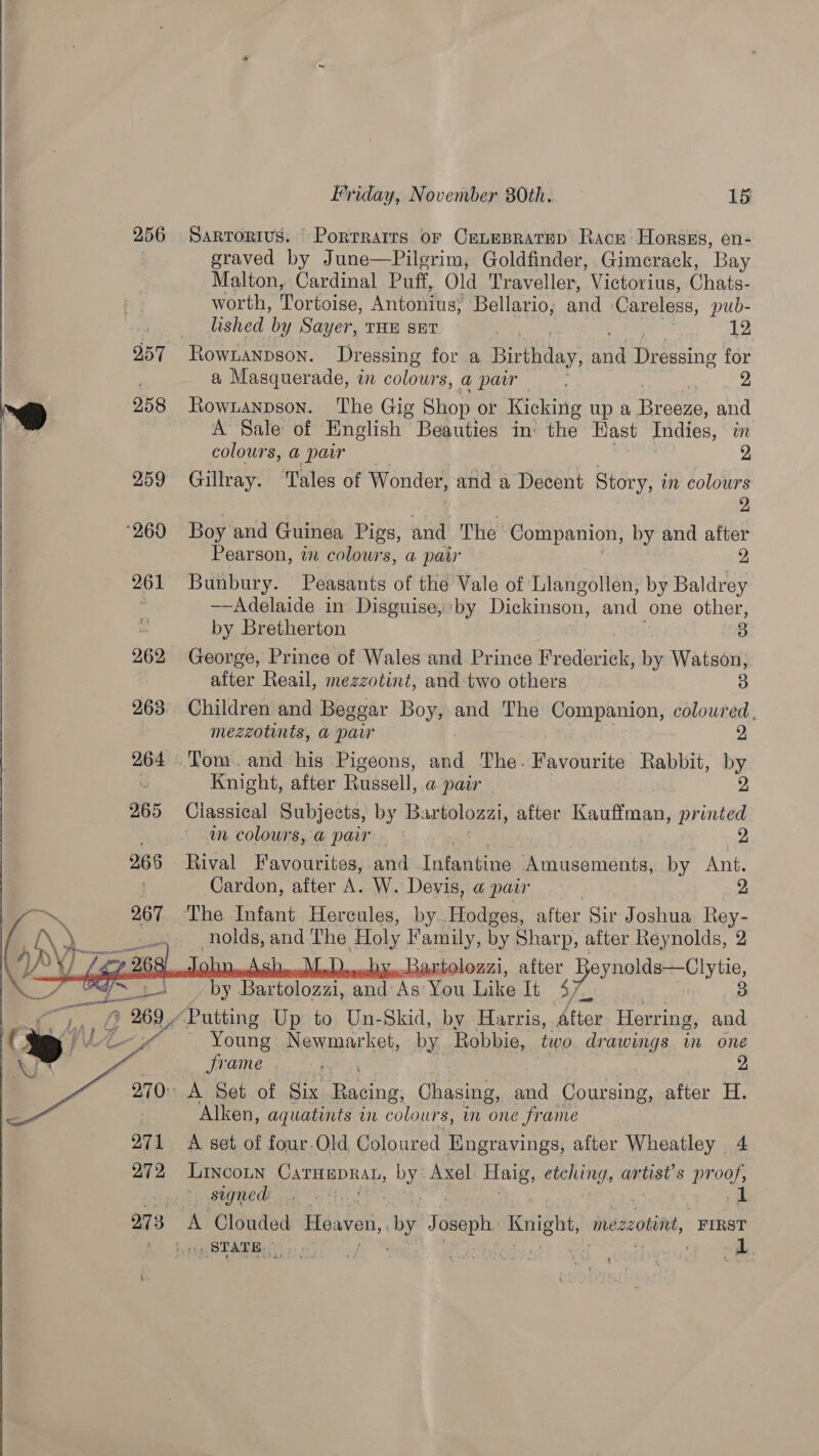 256 Sarrorius. Porrrarrs or CeLeBratep Race: Horszs, en- 7 graved by June—Pilerim, Goldfinder, Gimerack, ‘Bay Malton, Cardinal Puff, Old Traveller, Victorius, Chase worth, Tortoise, Antonius: Bellario; and Careless, pub- lished by Sayer, THE SET | 12 357 Rownanpson. Dressing for a Birthday, Se Dressing for a Masquerade, in colours, a pair . | 258 Rownanpson. The Gig Shop or Kicking up a ree ar A Sale: of English Beauties in: the East Indies, im colours, a pair 2 259 Gillray. ‘Tales of Wonder, and a Decent Story, in colours 2 260 Boy and Guinea Pigs, and The Companion, by and after Pearson, i colowrs, a pair 2 261 Bunbury. Peasants of the Vale of Llangollen, by Baldrey —Adelaide in Disguise, by Dickinson, and one other, by Bretherton i 3 262 George, Prince of Wales and Prince das by Watson, after Reail, mezzotint, and two others 3 263. Children and Beggar Boy, and The Companion, coloured, mezzotints, a paw , 2 264 Tom.and his Pigeons, and The. Favourite Rabbit, by i Knight, after Russell, a pair 2 265 Classical Subjects, by Bartolozzi, after Ba vt an printed . an colours, a parr 2 266 Rival Favourites, and Infantine Amusements, by Ant. . Cardon, after A. W. Devis, a pair The Infant Hercules, by Hodges, a fter Sir Joshua Rey- -nolds, and The Hele Family, by Sharp, after Reynolds, 2 ! 1) Baatolezzi, aiter Beynolds—Clytie, by croc ae As You Like ae 3 ye: 6 269, Putting Up to Un-Skid, by Harris, Attar Herring, and   (tm 22 —sOYoung ~ Newmarket, by Robbie, two drawings in one Vad Me ae mg oe 2, 270° A Set of Six Scan Chasing, and enemas after H. | Alken, aquatints in colours, in one frame 271 A set of four Old Coloured Engravings, after Wheatley 4 272 LiIncoLn CATHEDRAL, bY: Axel. Haig, etching, artist's proof, signed We ox | f 273 A mee a Heaven, ‘by isan Knight, mezzotint, FIRST ) STATE. 5: Srhints. ms ) aA € 