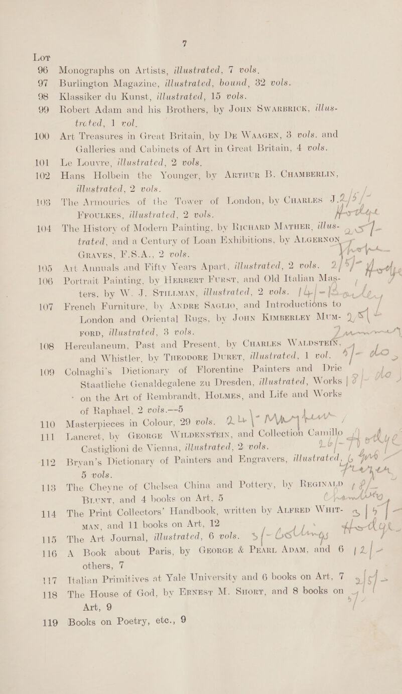 Lot 105 106 107 108 109 110 111 112 113 114 115 116 117 118 119 Monographs on Artists, lustrated, 7 vols, Klassiker du Kunst, illustrated, 15 vols. Robert Adam and his Brothers, by Joun Swarsrick, tlus- treted.. \ mol. Art Treasures in Great Britain, by De WaacEn, 3 vols. and Galleries and Cabinets of Art in Great Britain, 4 vols. Le Louvre, illustrated, 2 vols. Hans Holbein the Younger, by Arrittr B. CHAMBERLIN, illustrated, 2 vols. The Armouries of the Tower of London, by CHARLES J.2 FFOULKES, illustrated, 2 vols. : / A ¢ { a! eT ¢ ij Gravec F£S.A., 2 vols: Art Annuals and Fifty Years Apart, Wlustrated, 2 vols. 2 Portrait Painting, by Hurserr Furst, and Old Italian Mas- v ters. by W. J. STILLMAN, illustrated, 2 vols. [i-je ls French Furniture, by ANDRE Sacuro, and Introductiéns to / London and Oriental Rugs, by Joun Kimpsritey Mum- 2), S| oe FORD, illustrated, 3 vols. i Pe ere Herculaneum, Past and Present, by CHARLES WALDSTEIN, ; | and Whistler, by THEODORE DURET, illustrated, 1 vol. 4 i hao _ Colnaghi’s Dictionary of Florentine Painters and Drie ! on the Art of Rembrandt, Hotmus, and Life and Works of Raphael, 2 vels.—d \ i ‘ ele: ‘ . Pirie WA Wt Masterpieces in Colour, 29 vols. 2 \ /¥ Va 'b Castiglioni de Vienna, illustrated, 2 vols. 5 vols. f man, and 11 books on Art, 12 | ; ree | The Art Journal, illustrated, 6 vols. ${~ OO bye § t others, 7 Ttalian Primitives at Yale University and 6 books on Art, 7 The House of God, by Ernest M. Suorr, and 8 books on Art, 9 Books on Poetry, ete., 9 } e i 3 of if 7 r yO j f ep Lf f ¢ i A af A Ly, 4) f He q tA jt